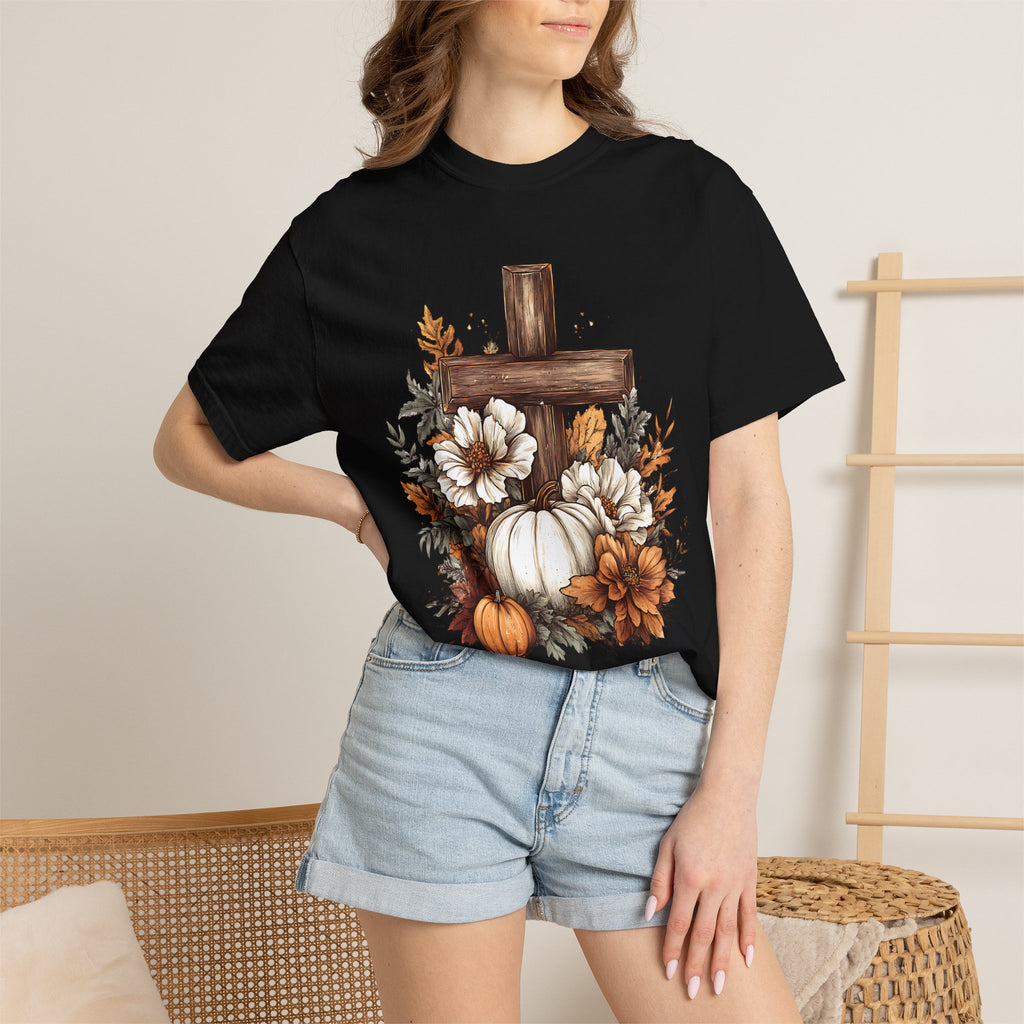 Faithful Fall Cross T-Shirt — Pumpkin & Floral Autumn Christian Tee. Midnight Eye, LLC