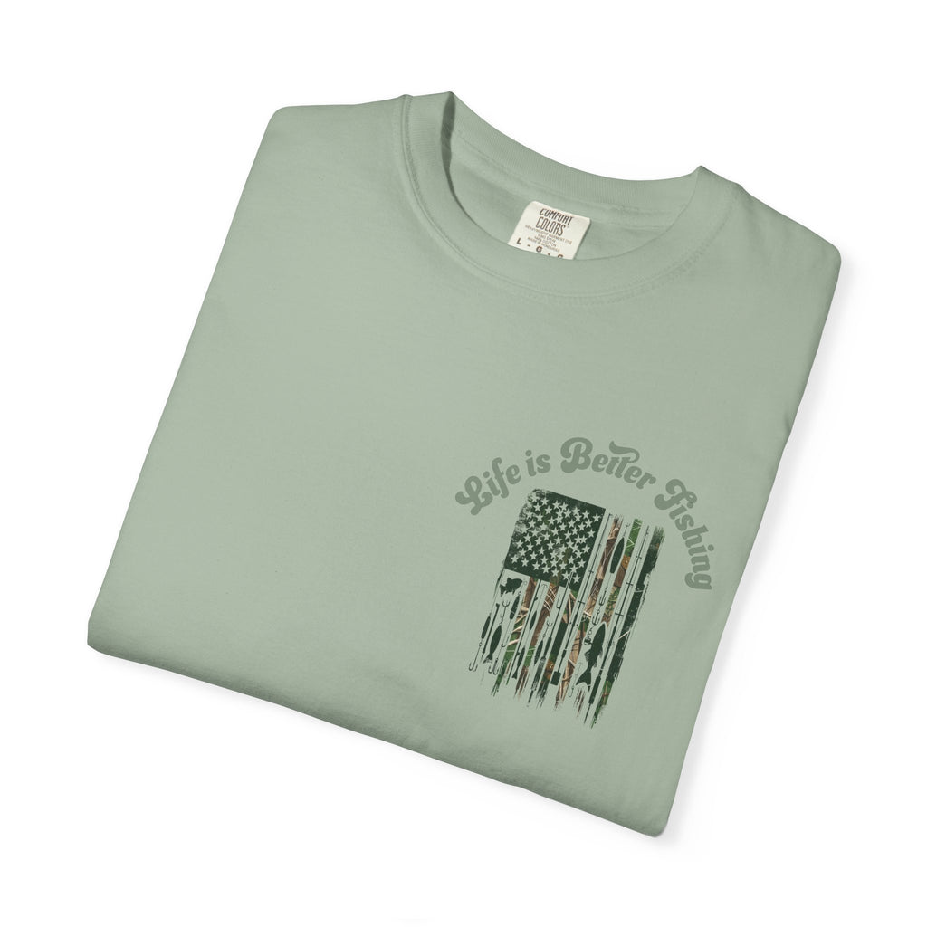 Fishing Flag T-Shirt — "Life is Better Fishing" Graphic Tee - Patriotic Tee - Father's Day T-Shirt - Midnight Eye, LLC
