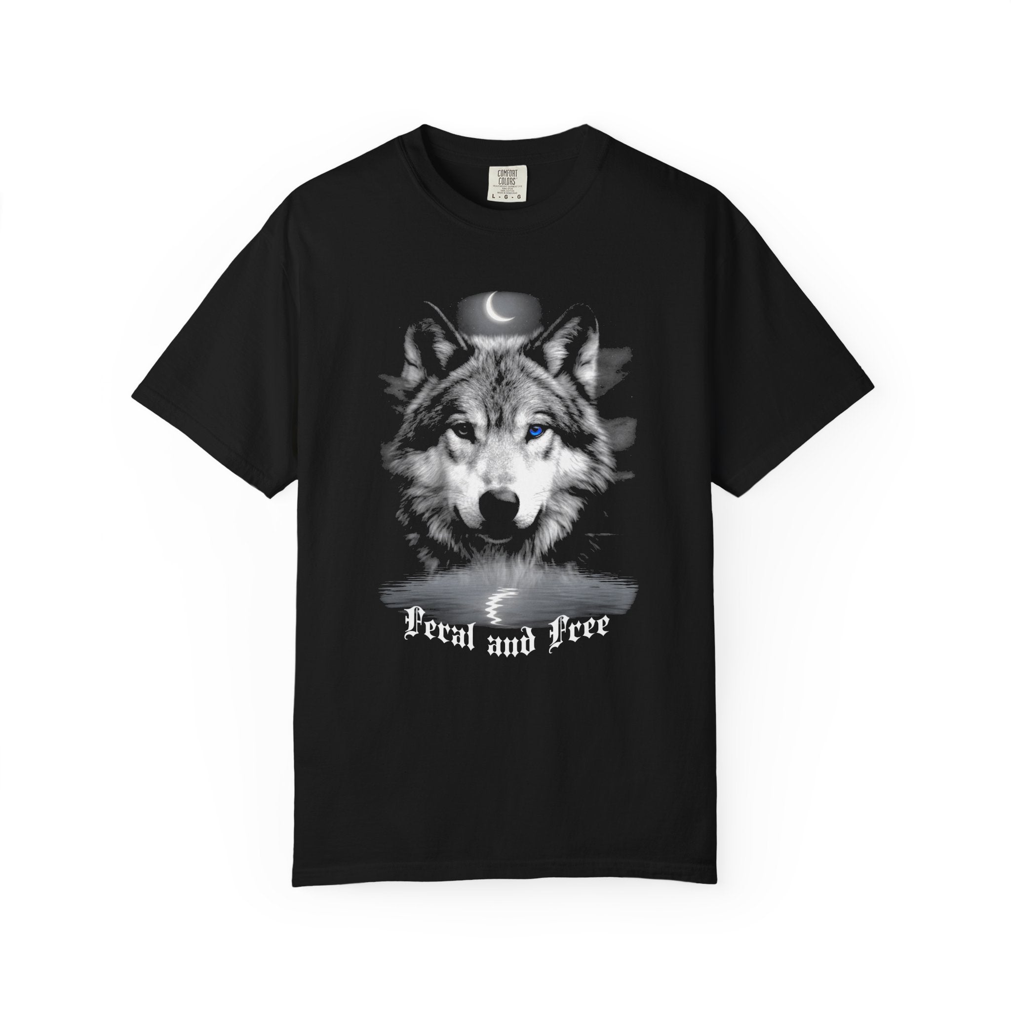 Feral and Free Vintage Moon Wolf T-Shirt -  Moon and Wolf Dark Aesthetic Tee. Midnight Eye, LLC
