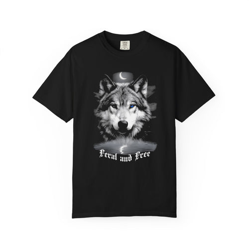 Feral and Free Vintage Moon Wolf T-Shirt -  Moon and Wolf Dark Aesthetic Tee. Midnight Eye, LLC