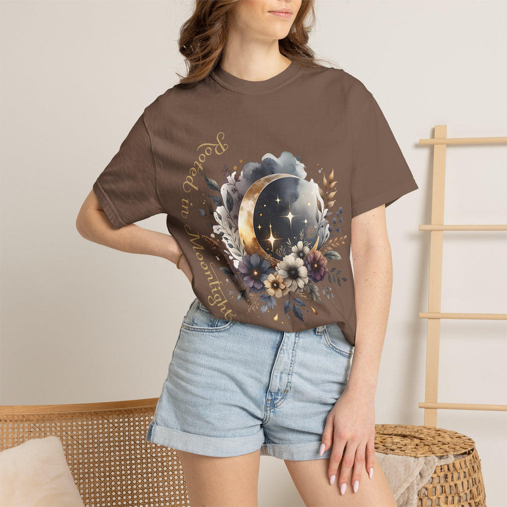 Moonlight Blooms T-Shirt — 'Rooted in Moonlight' Floral Crescent Moon Tee