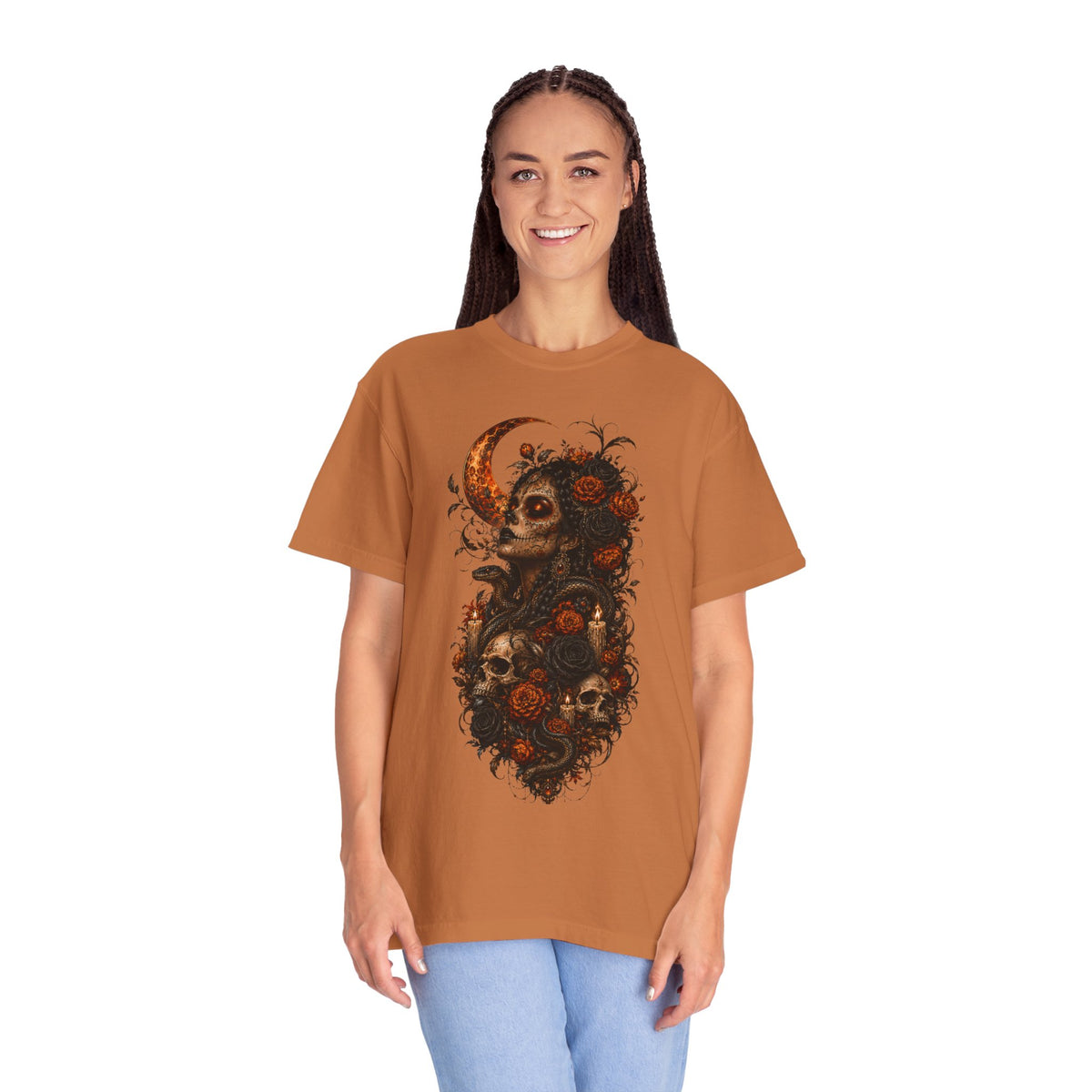 Skull & Rose Moon Tee — Gothic Floral Graphic T-Shirt - Day of the Dead Tee. Midnight Eye, LLC