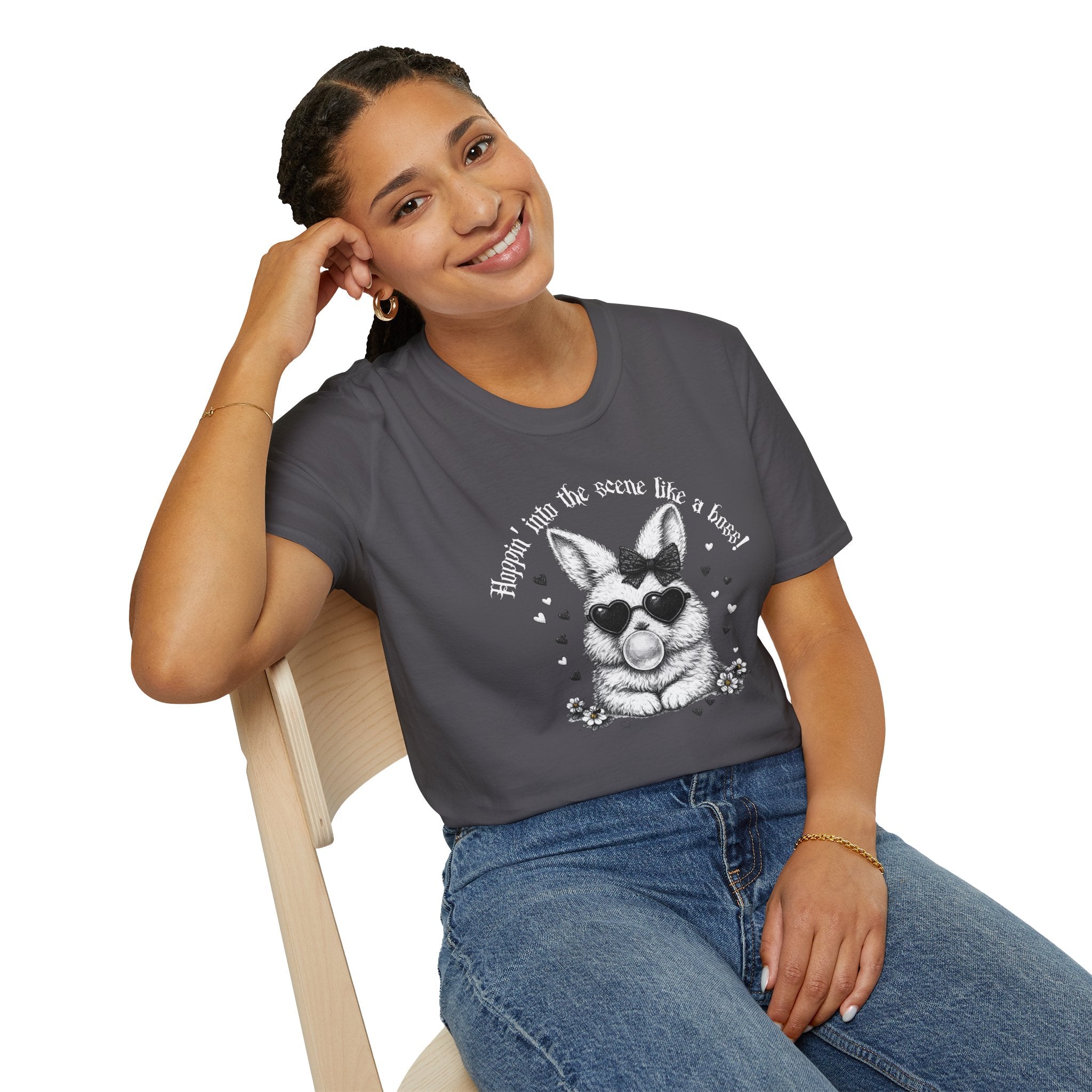 Retro Goth Bunny T‑Shirt — Vintage Monochrome Gothic Tee - Dark Aesthetic T-Shirt - Midnight Eye, LLC