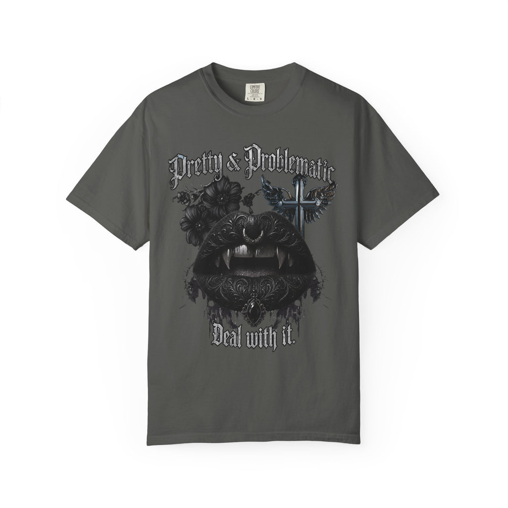 Pretty & Problematic Graphic T‑Shirt — 'Deal With It' Gothic Lips and Fangs Design. Midnight Eye, LLC