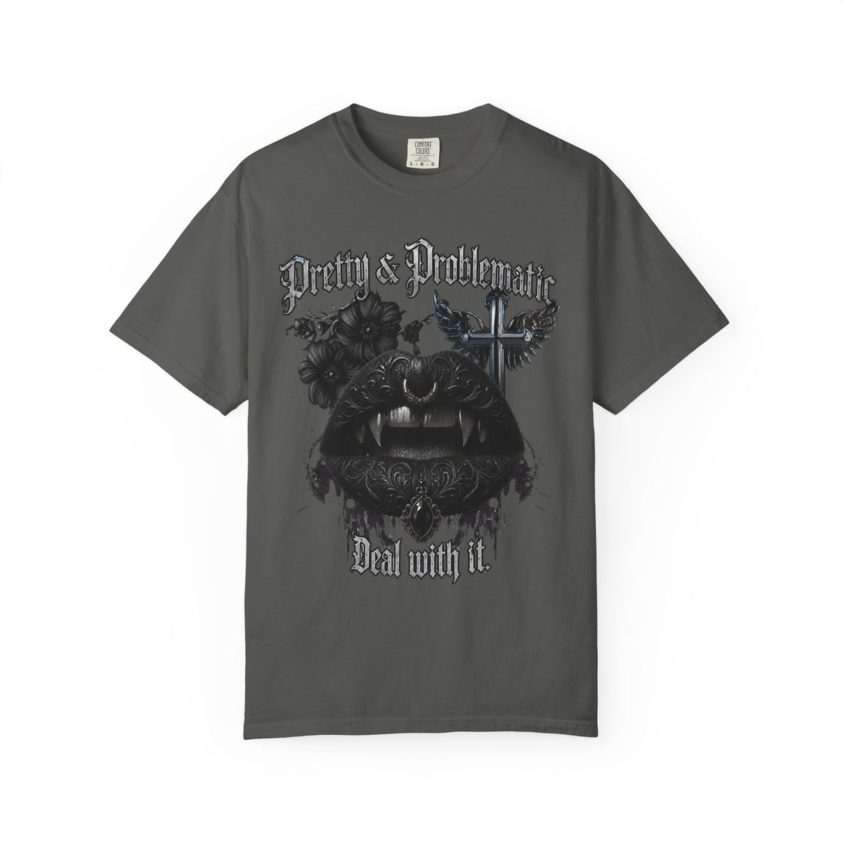 Pretty & Problematic Graphic T‑Shirt — 'Deal With It' Gothic Lips and Fangs Design. Midnight Eye, LLC