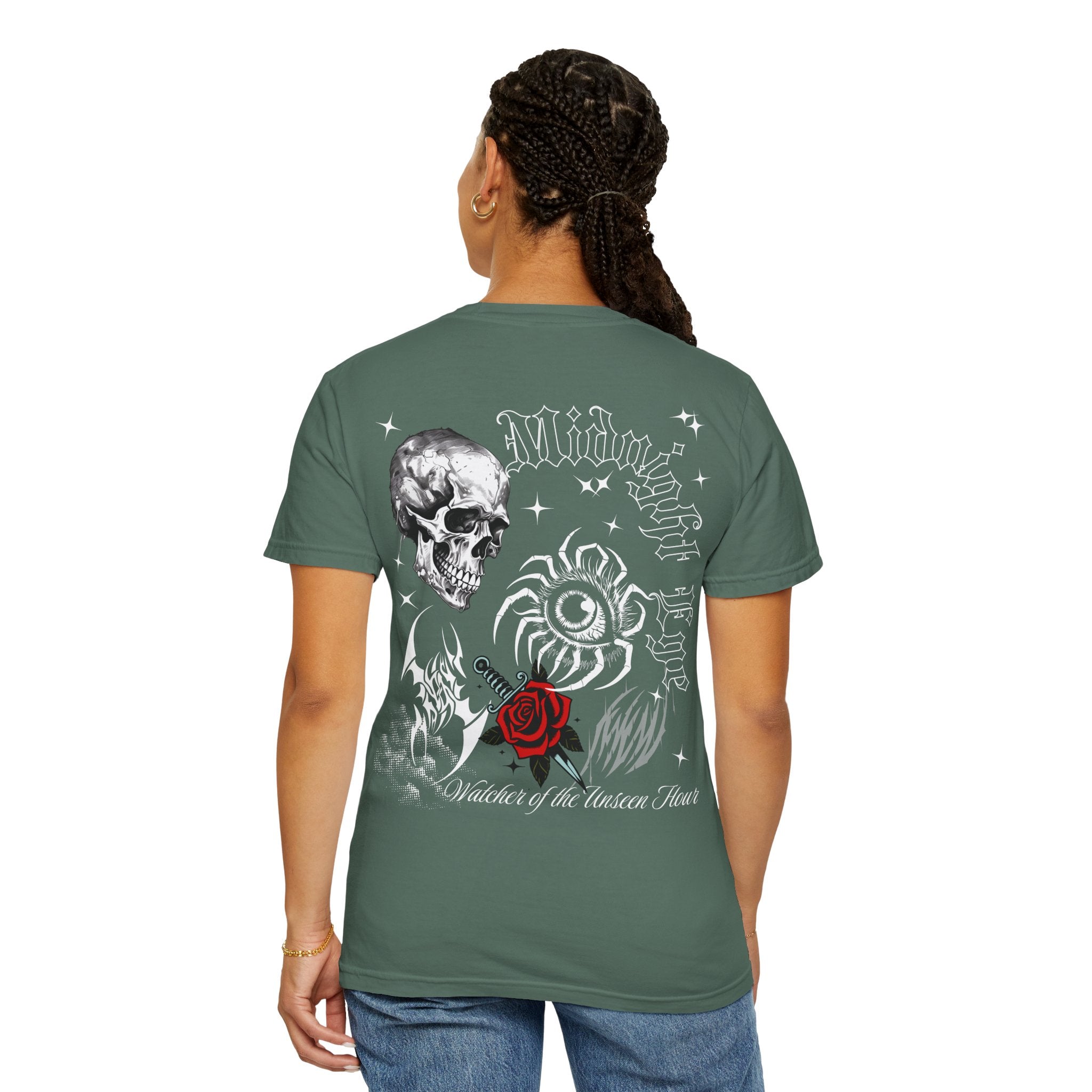 Skull & Red Rose Graphic T-Shirt — Midnight Rose Back Print - Eye T-Shirt - Mystical Tee - Dark Aesthetic Tee - Midnight Eye, LLC
