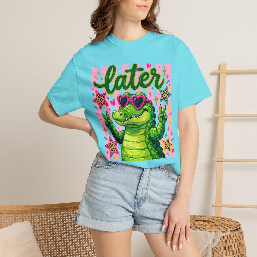 Funny Coquette Faux Brushstroke Stripped T-Shirt - Funny Alligator with Sunglasses Tee