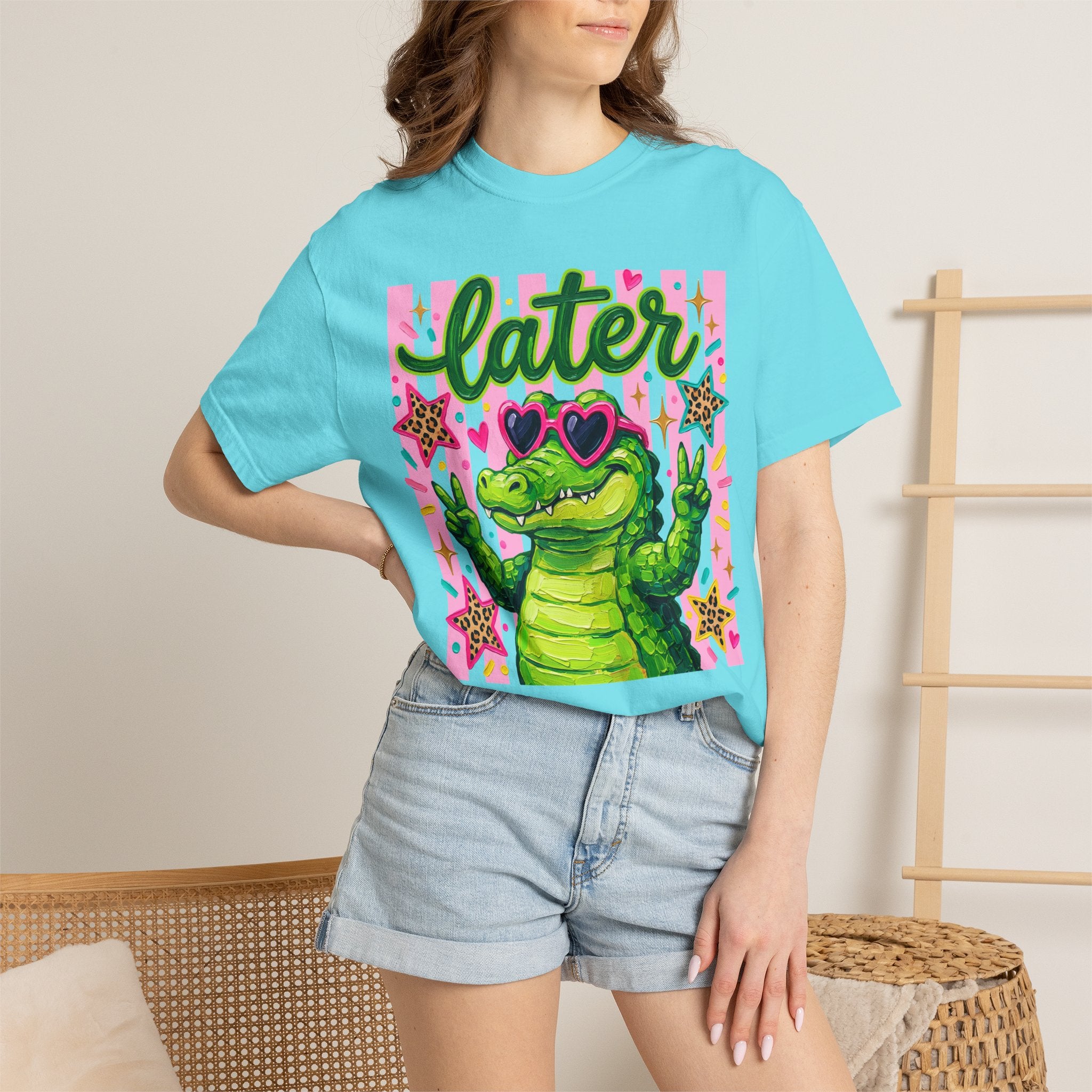 Funny Coquette Faux Brushstroke Stripped T-Shirt - Funny Alligator with Sunglasses Tee
