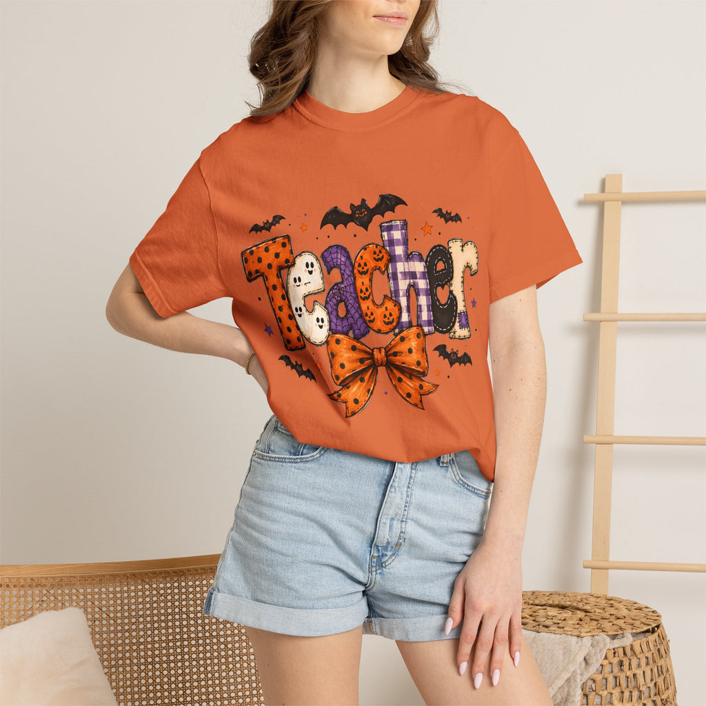 Teacher Halloween T-Shirt — Cute Spooky 'Teacher' Design with Bats & Bow. Midnight Eye, LLC