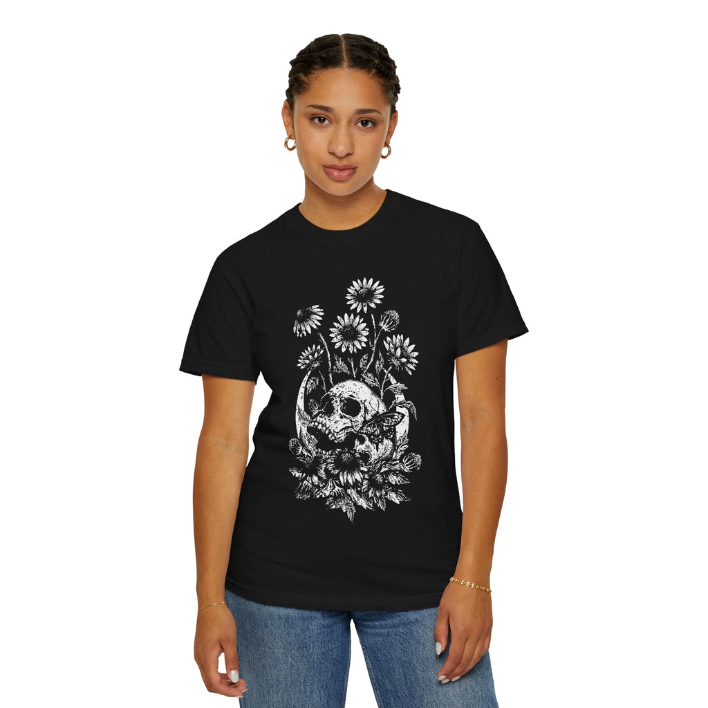 Moon Skull & Daisies Graphic T-Shirt - Half Tone Alternative Tee. Midnight Eye, LLC