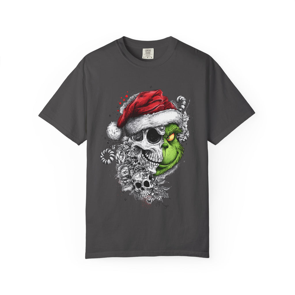 Skull & Grinch Inspired Santa T-Shirt — Edgy Gothic Christmas Graphic Tee