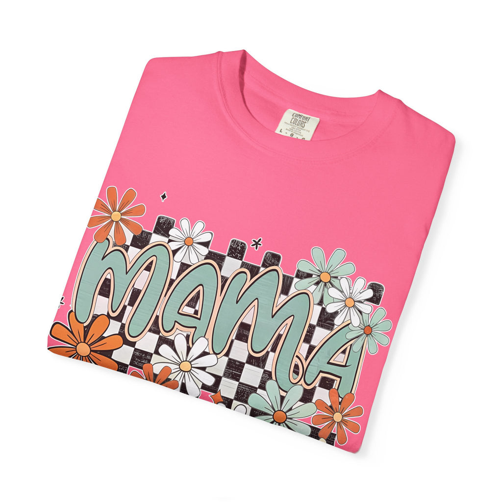 Mama Floral Graphic T-Shirt — Retro Checkerboard Mom Tee