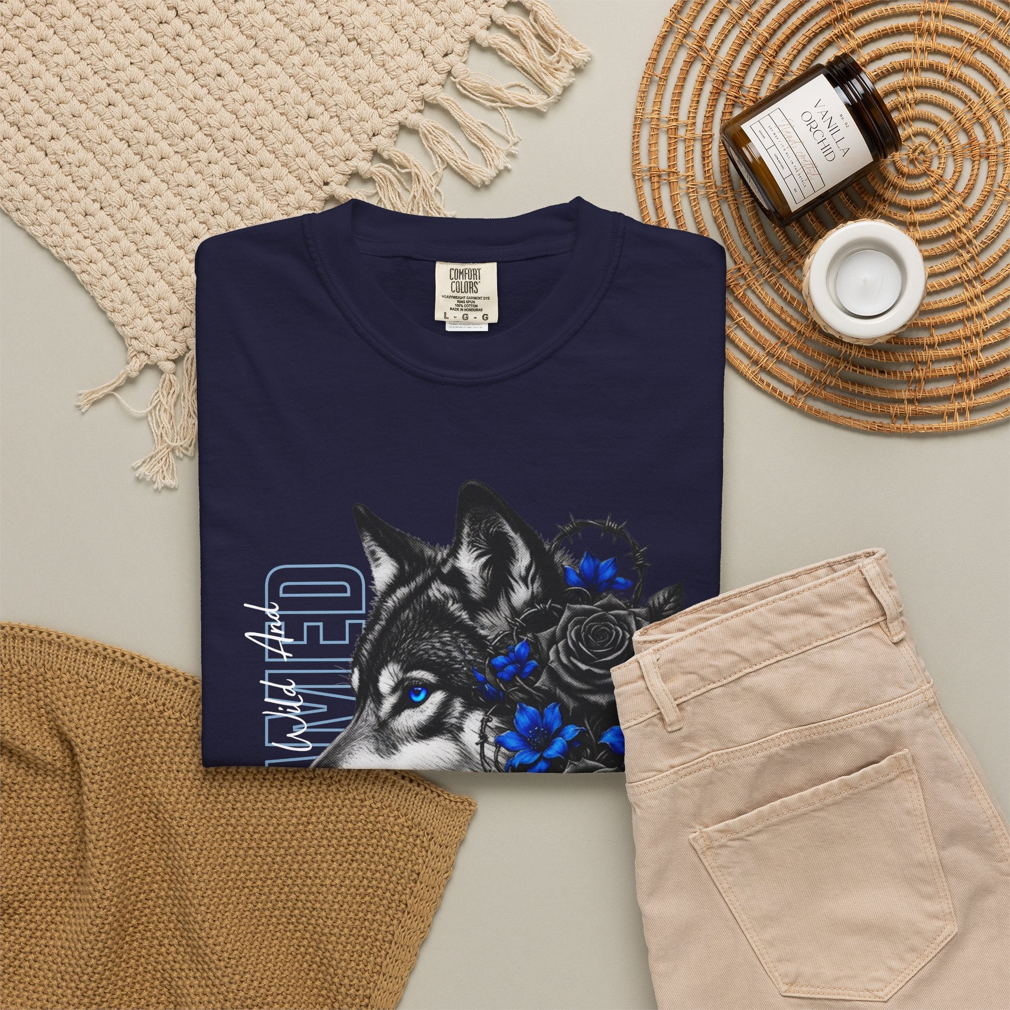 Wolf Floral T-Shirt — "Untamed" Graphic Tee with Blue & Black Roses. Midnight Eye, LLC.