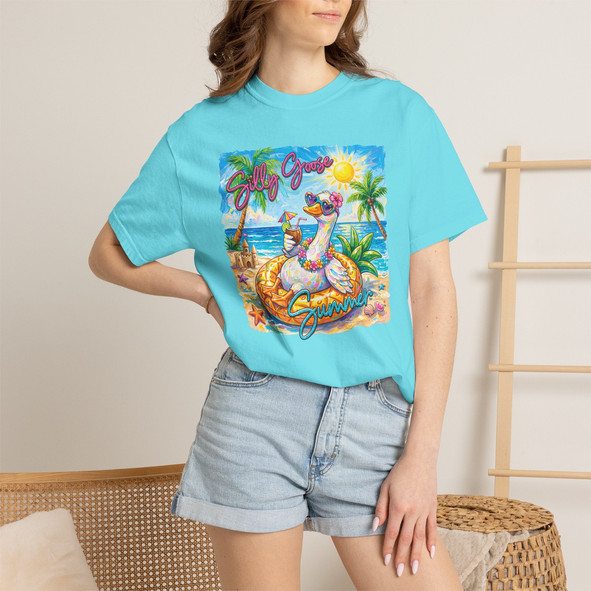 Silly Goose Summer T-Shirt - Colorful Summer Girl Tee - Beach Tee - Tropical T-Shirt - Midnight Eye, LLC