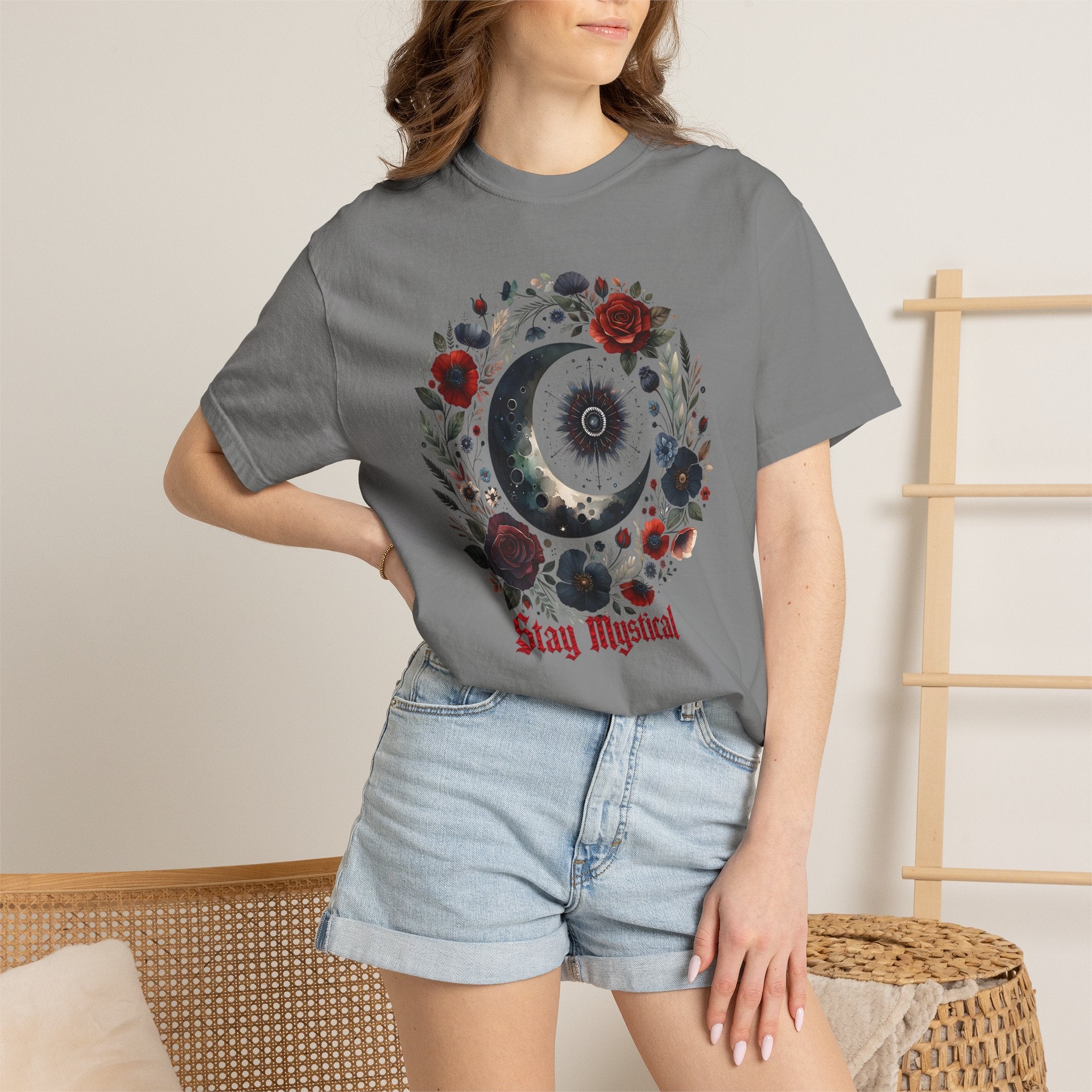 Mystical Moon T-Shirt — “Stay Mystical” Floral Crescent Tee - Dark Aesthetic T-Shirt - Midnight Eye, LLC