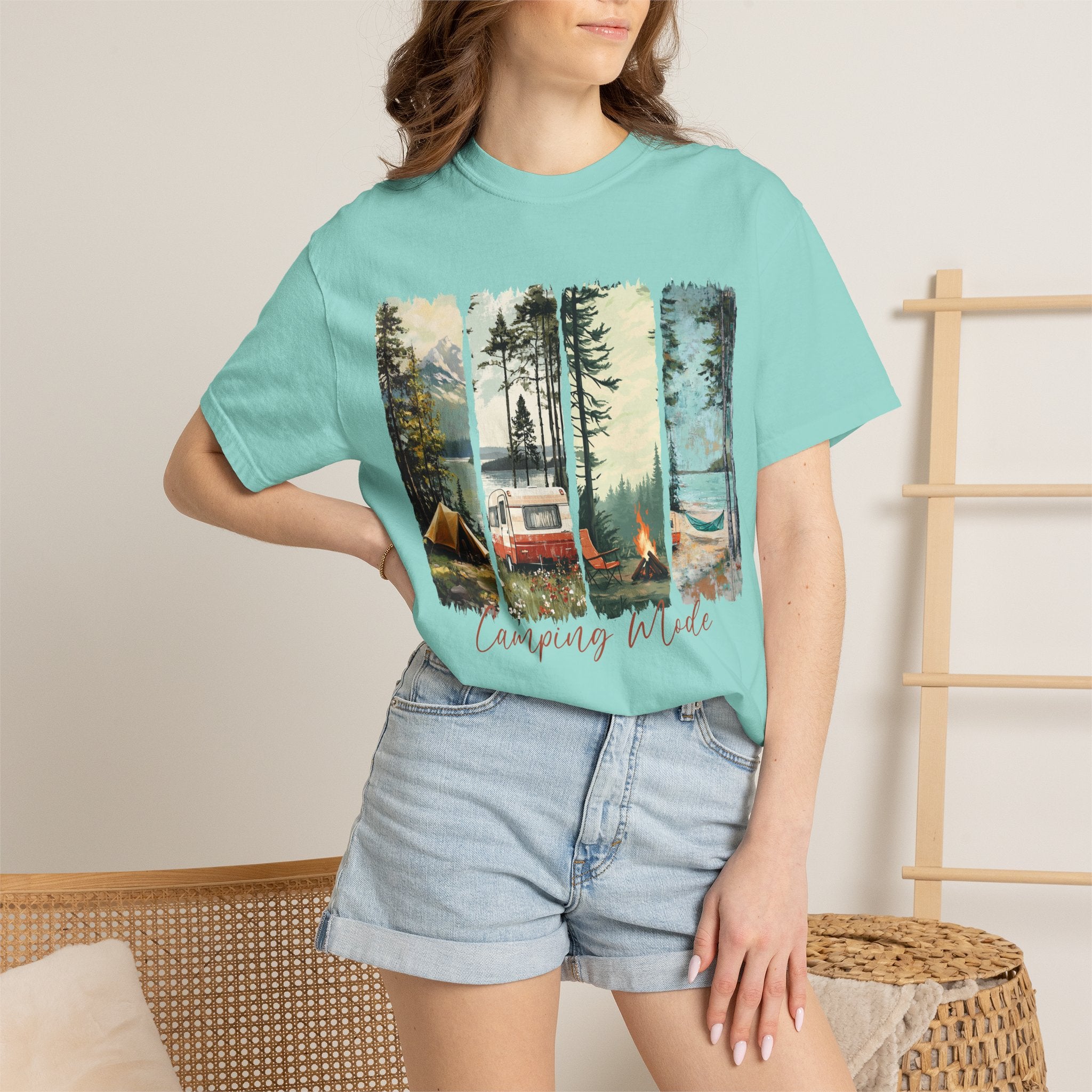 Camping Vibes T-Shirt — 'Camping Mode' Scenic Camper Retro Graphic Tee - Family Adventure Tee - Outdoor Tee. Midnight Eye, LLC