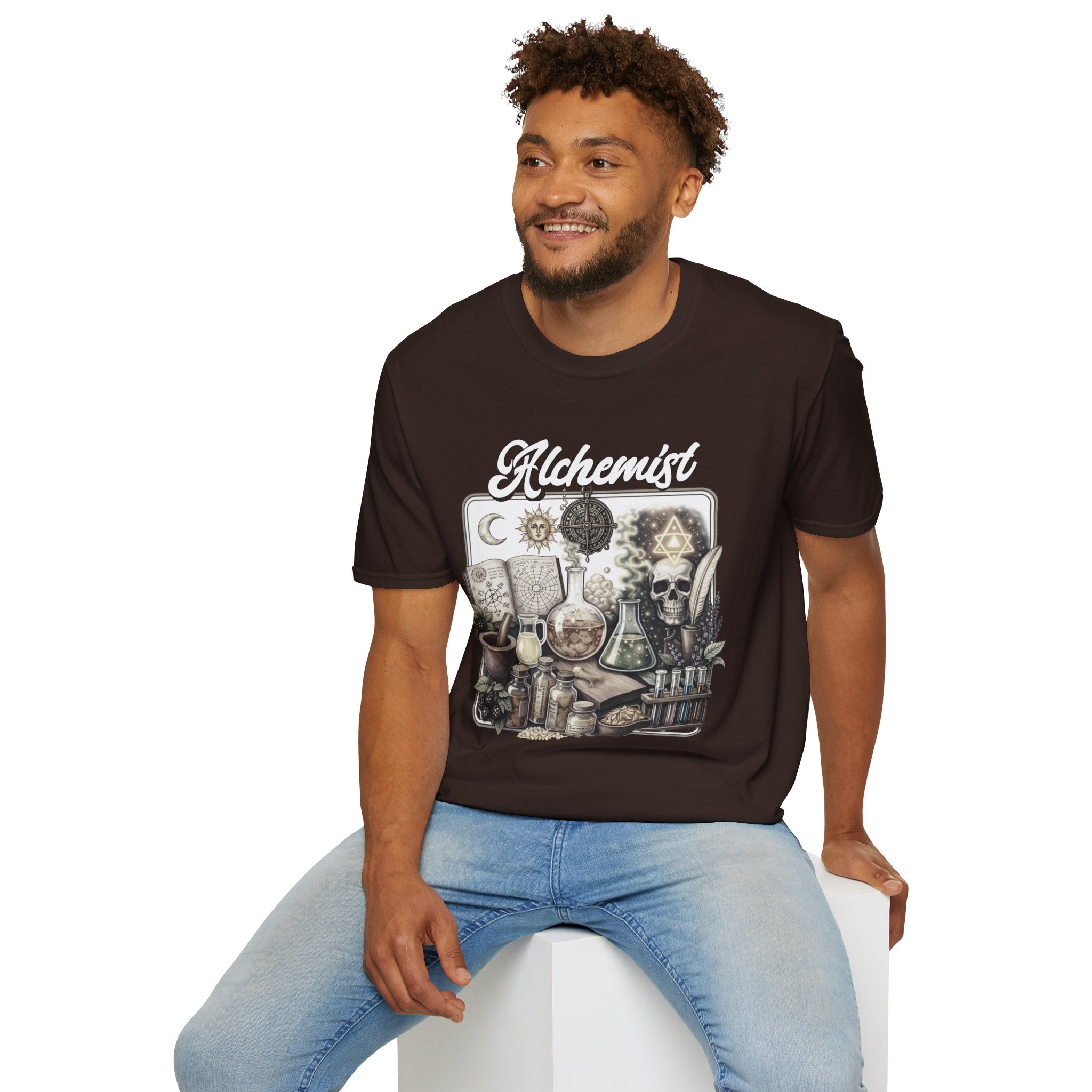 Alchemist Graphic T-Shirt — Vintage Apothecary Potion & Skull Design - Mystical Tee. Midnight Eye, LLC