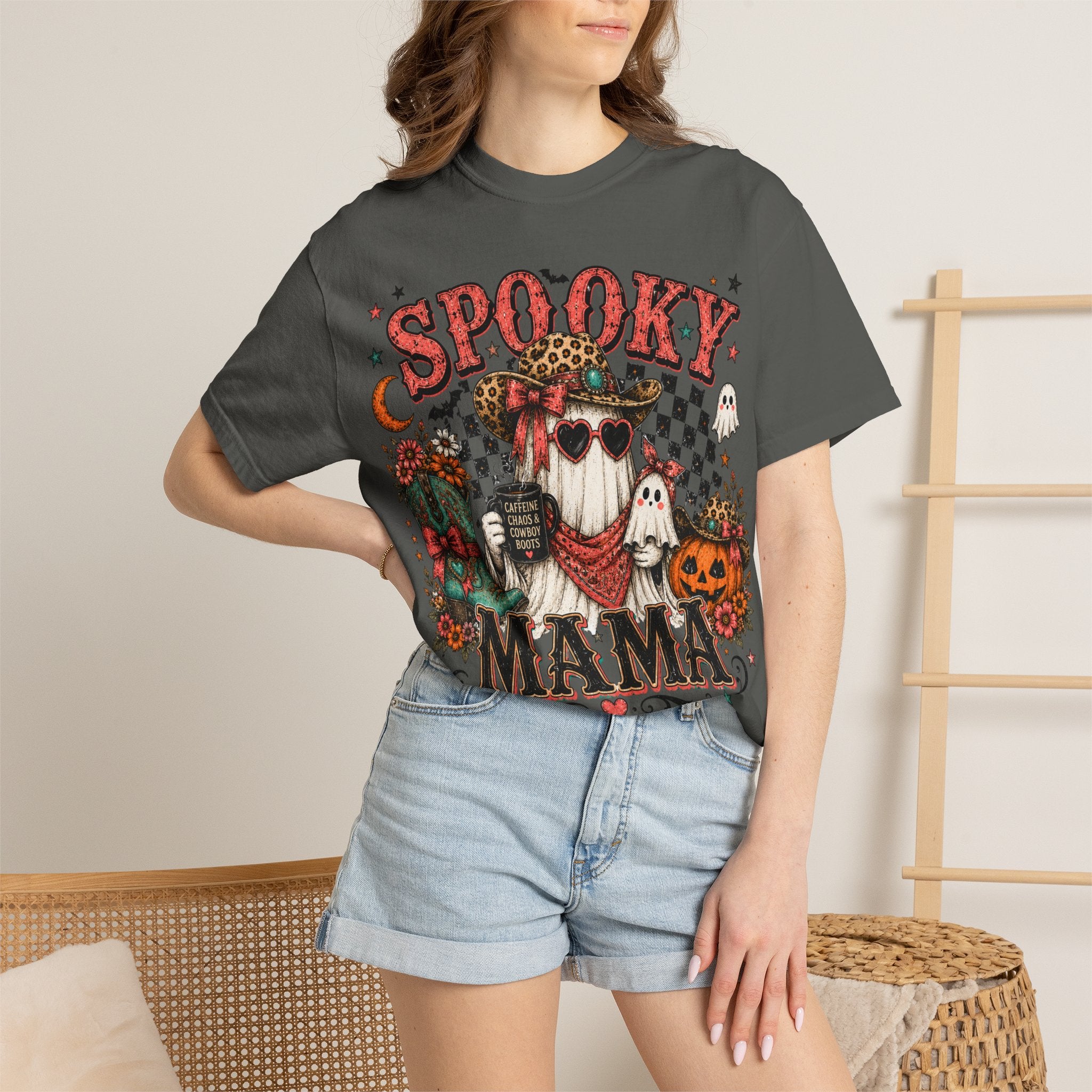 Spooky Mama T-Shirt — Vintage Halloween Ghosts & Pumpkin Graphic. Midnight Eye, LLC