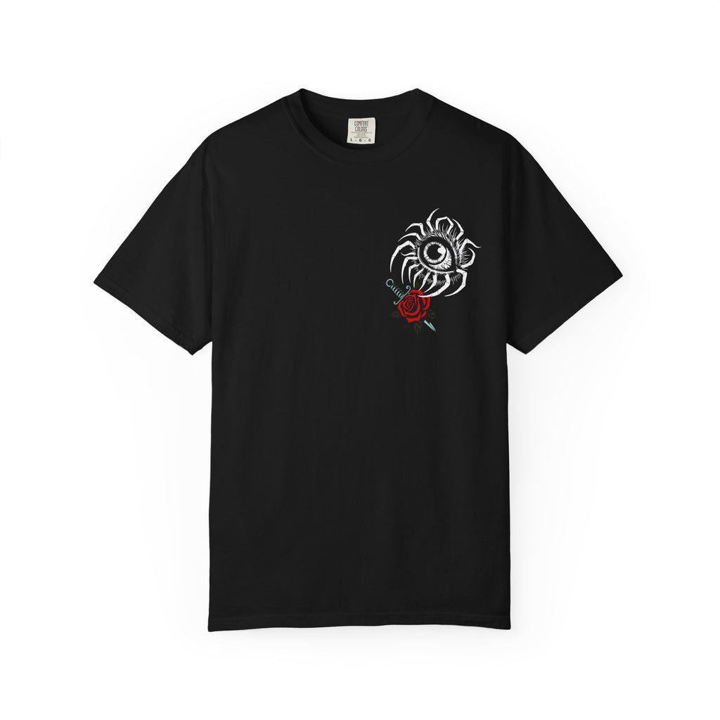 Skull & Red Rose Graphic T-Shirt — Midnight Rose Back Print - Eye T-Shirt - Mystical Tee - Dark Aesthetic Tee - Midnight Eye, LLC