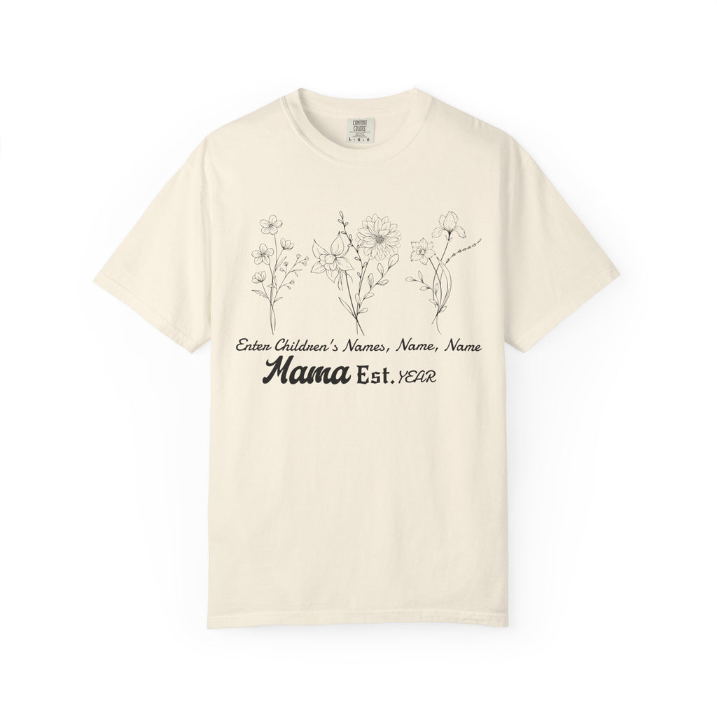 Mama Est. Personalized Floral T-Shirt — Child Name & Birth Year Tee - Midnight Eye, LLC