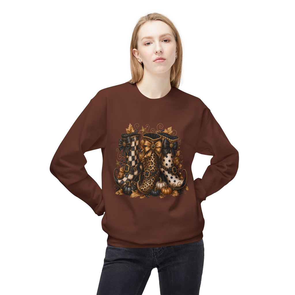 Halloween Boots Crewneck Sweatshirt — Autumn Witchy Vintage Goth Boot Trio Design