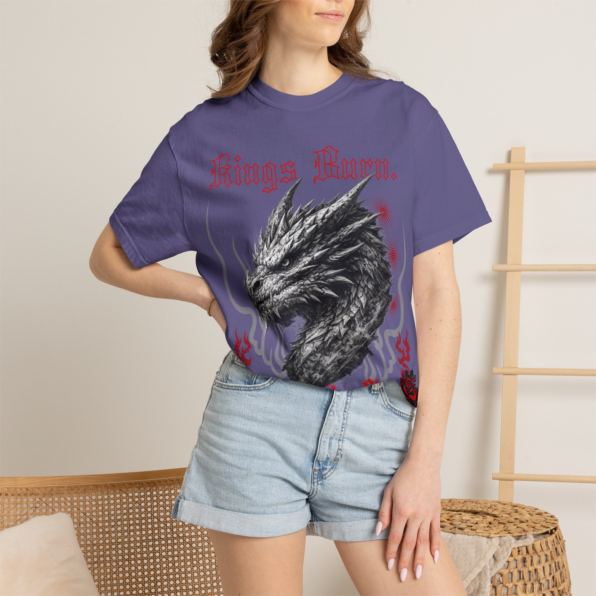 Dragon Head T-Shirt — "Kings Burn. Legends Rise." Red Rose Tattoo Graphic T-Shirt. Midnight Eye, LLC.