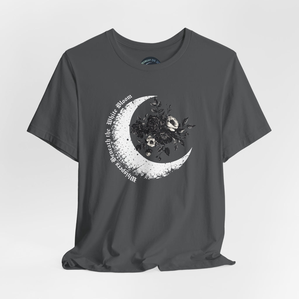 Moonflower Moon Tee — Floral Crescent Moon Graphic T-Shirt - Gothic Moon & Flowers Tee. Midnight Eye, LLC