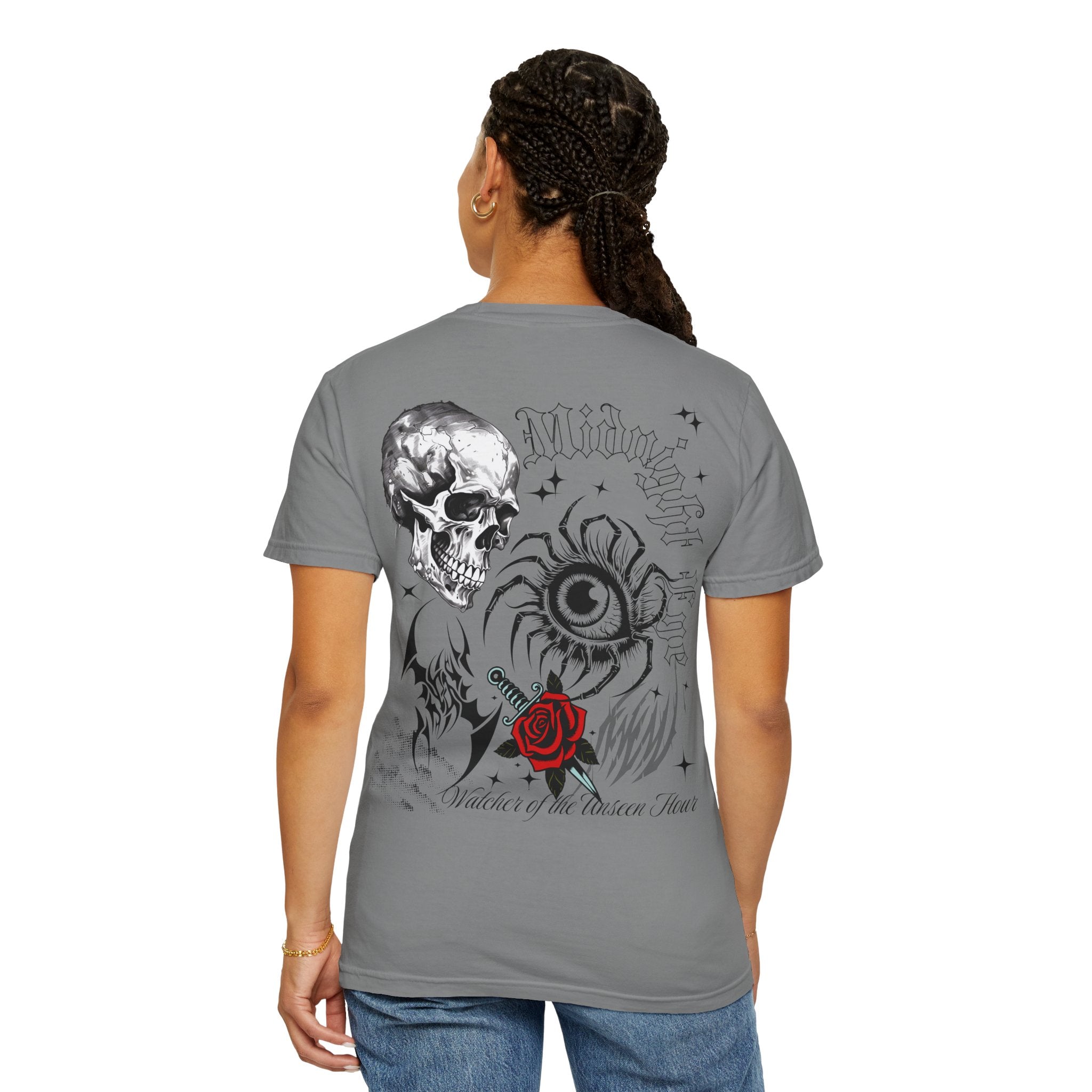 Graphic Skull & Red Rose Gothic T‑Shirt - Edgy Streetwear T-Shirt - Vintage Tee - Dark Aesthetic Tee - Midnight Eye, LLC