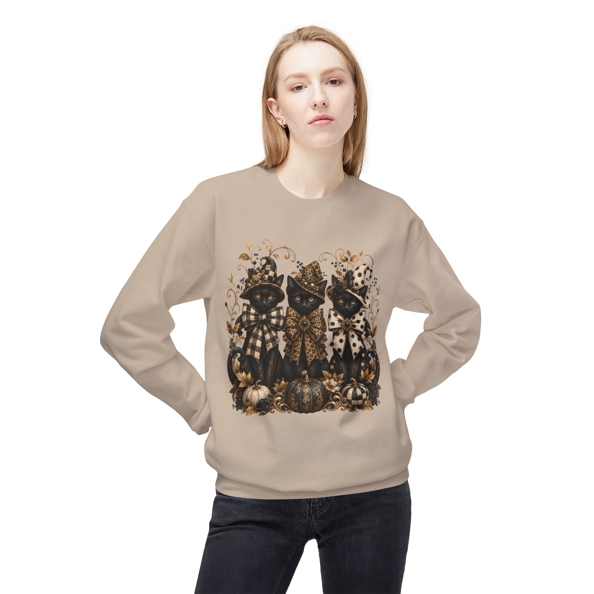 Vintage Gothic Pumpkin & Black Cats Crewneck Sweatshirt. Midnight Eye, LLC