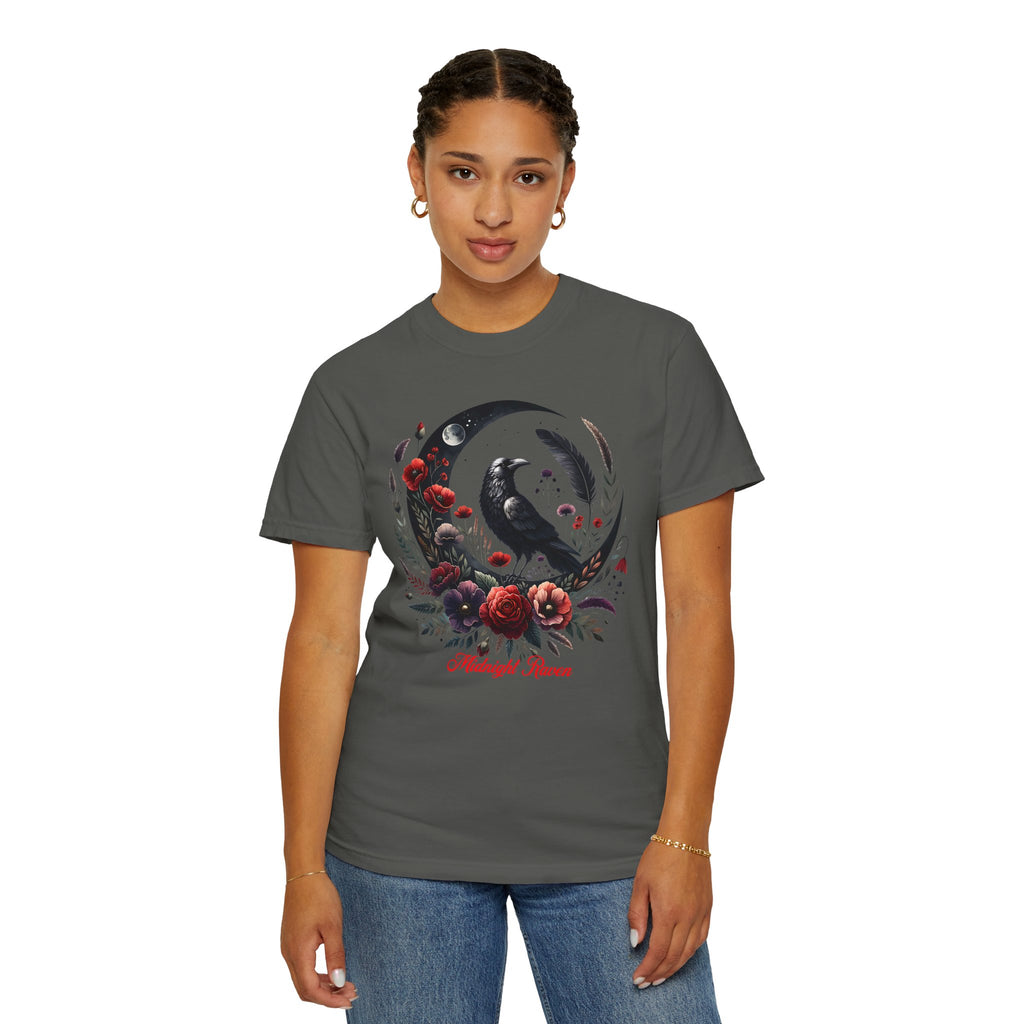 Moon Raven Floral T-Shirt — "Midnight Bloom" Graphic Tee - Mystical Moon Tee - Dark Aesthetic T-Shirt