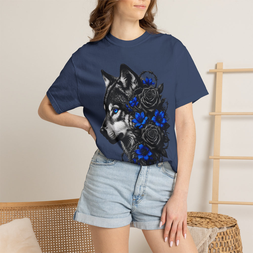Wolf Floral T-Shirt — "Untamed" Graphic Tee with Blue & Black Roses