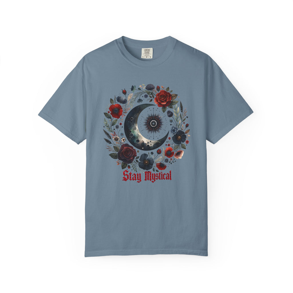 Mystical Moon T-Shirt — “Stay Mystical” Floral Crescent Tee - Dark Aesthetic T-Shirt. Midnight Eye, LLC.