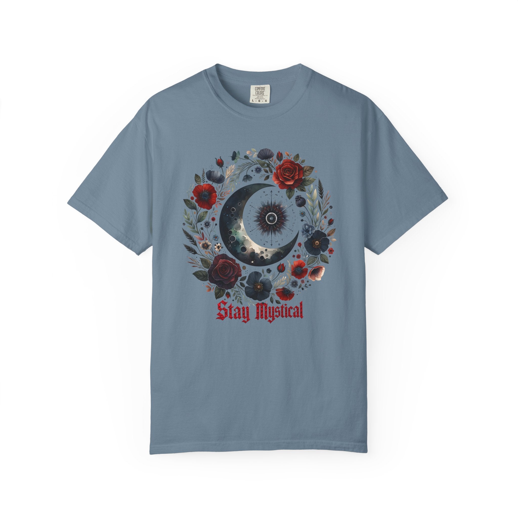 Mystical Moon T-Shirt — “Stay Mystical” Floral Crescent Tee - Dark Aesthetic T-Shirt. Midnight Eye, LLC.