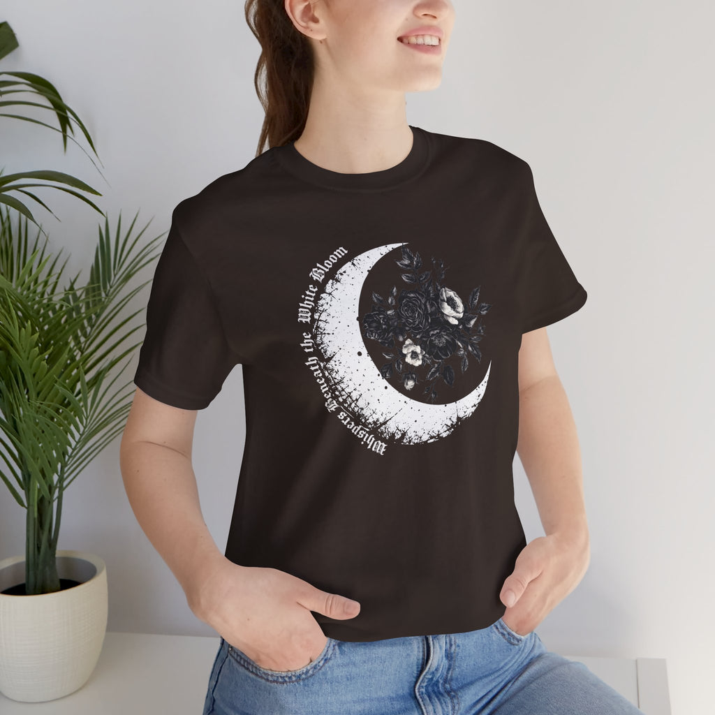 Moonflower Moon Tee — Floral Crescent Moon Graphic T-Shirt - Gothic Moon & Flowers Tee. Midnight Eye, LLC