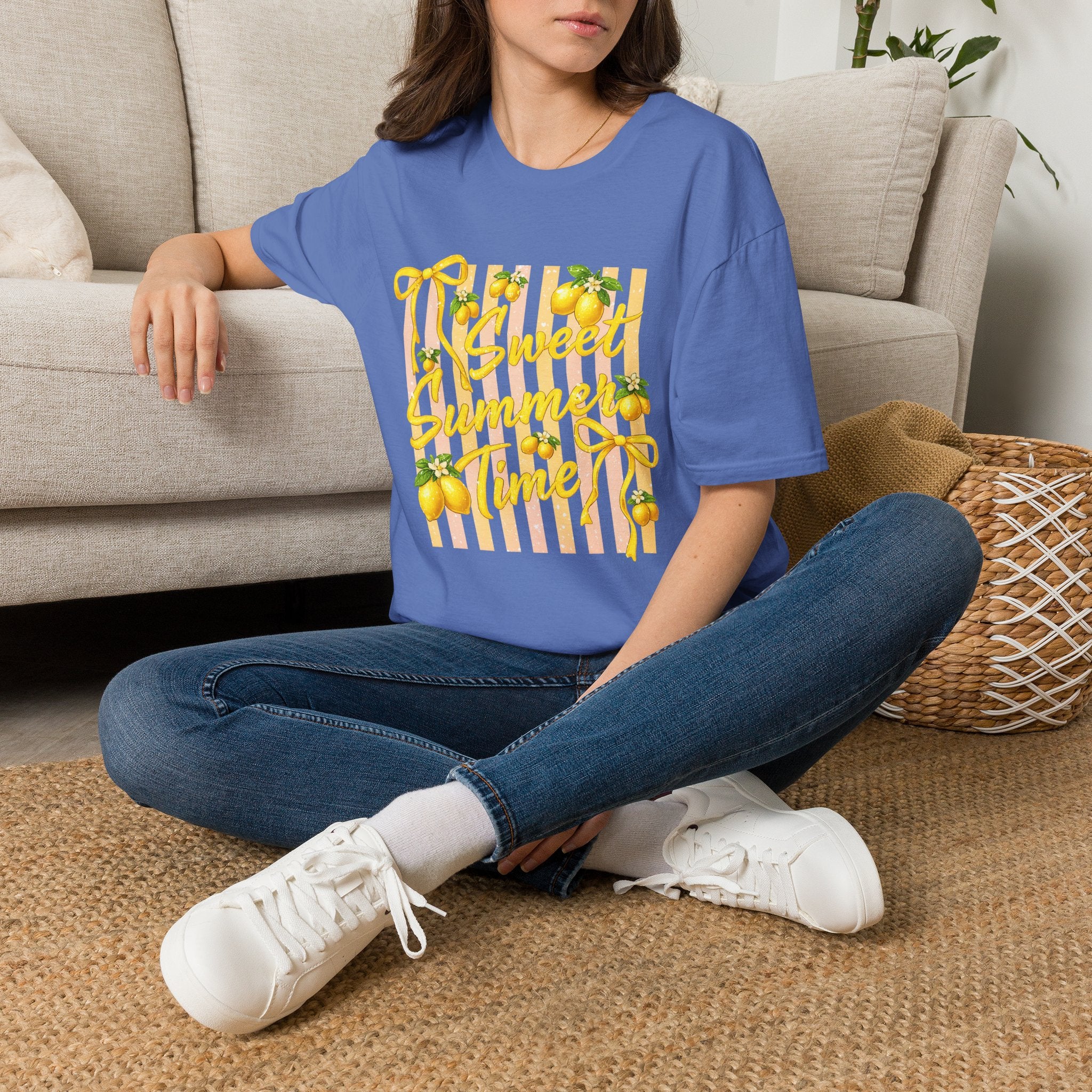 Sweet Summer Lemon Striped T-Shirt - Cute Bows Colorful Summer T-Shirt. Midnight Eye, LLC.