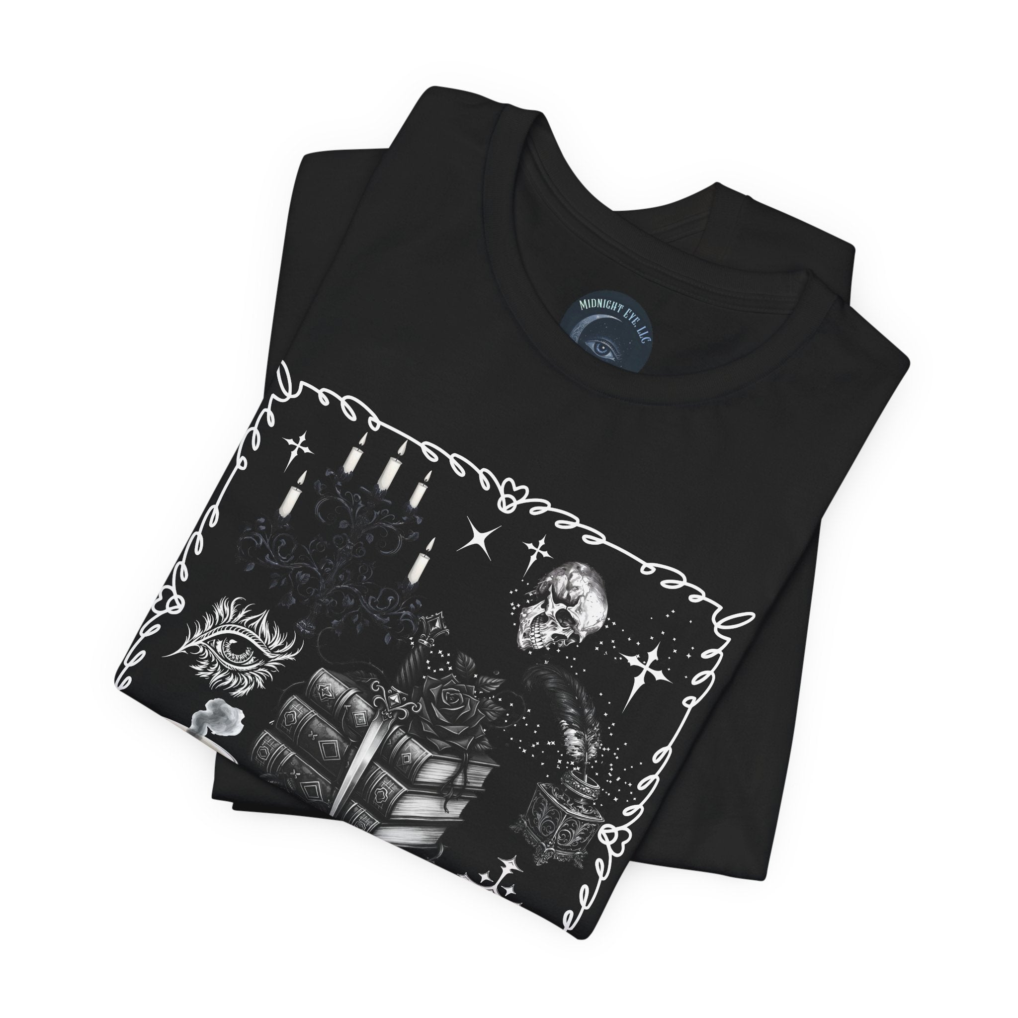 Reading, Coffee & Books T-Shirt — Cozy Gothic Booklover Tee. Midnight Eye, LLC.