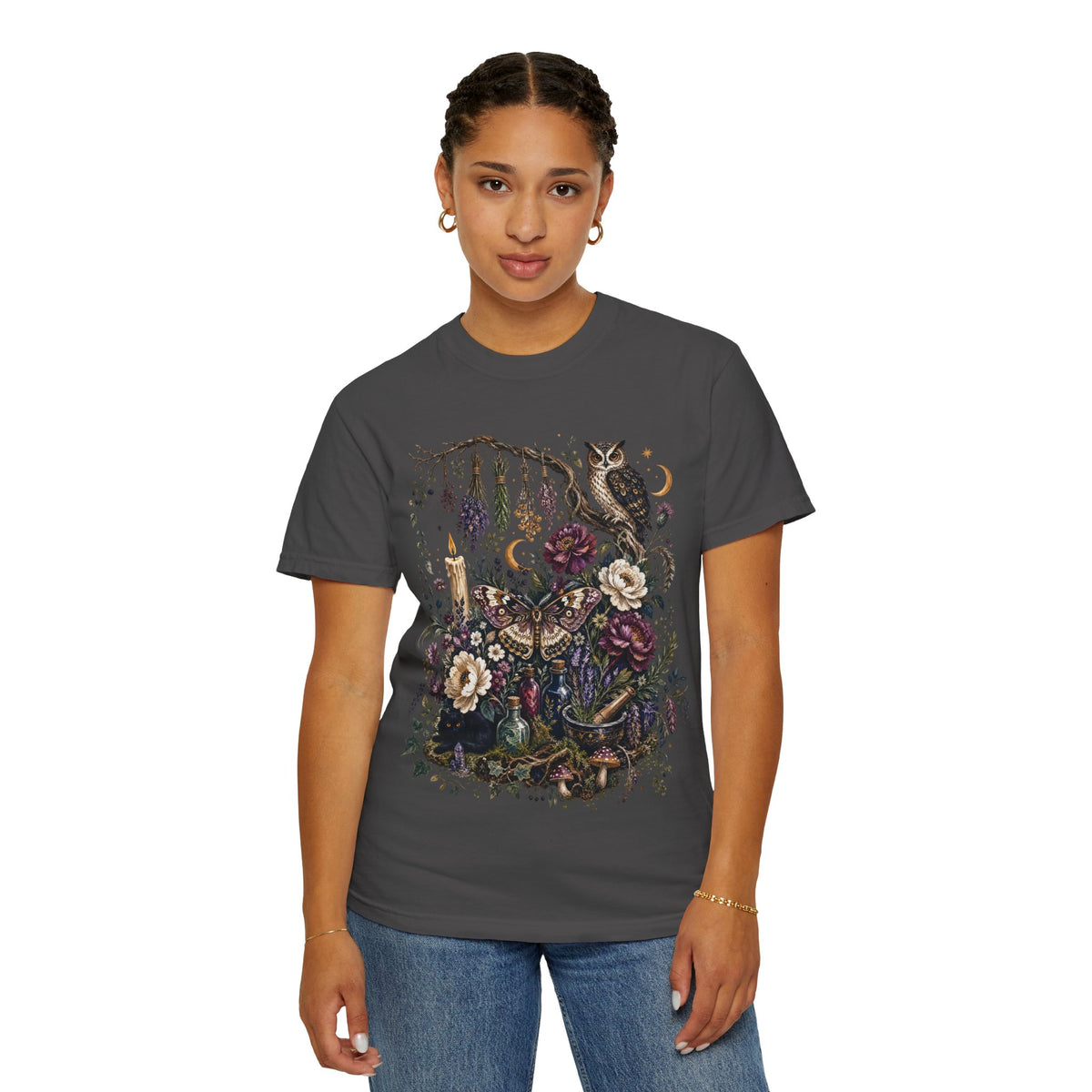 Mystical Forest Owl T-Shirt — Botanical Witchy Moonlight Art Tee, Midnight Eye, LLC
