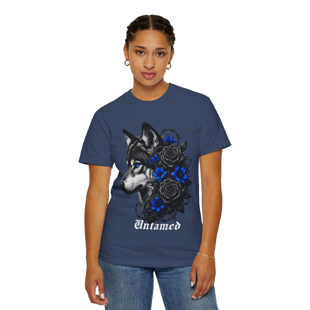 Wolf Floral T-Shirt — "Untamed" Graphic Tee with Blue & Black Roses