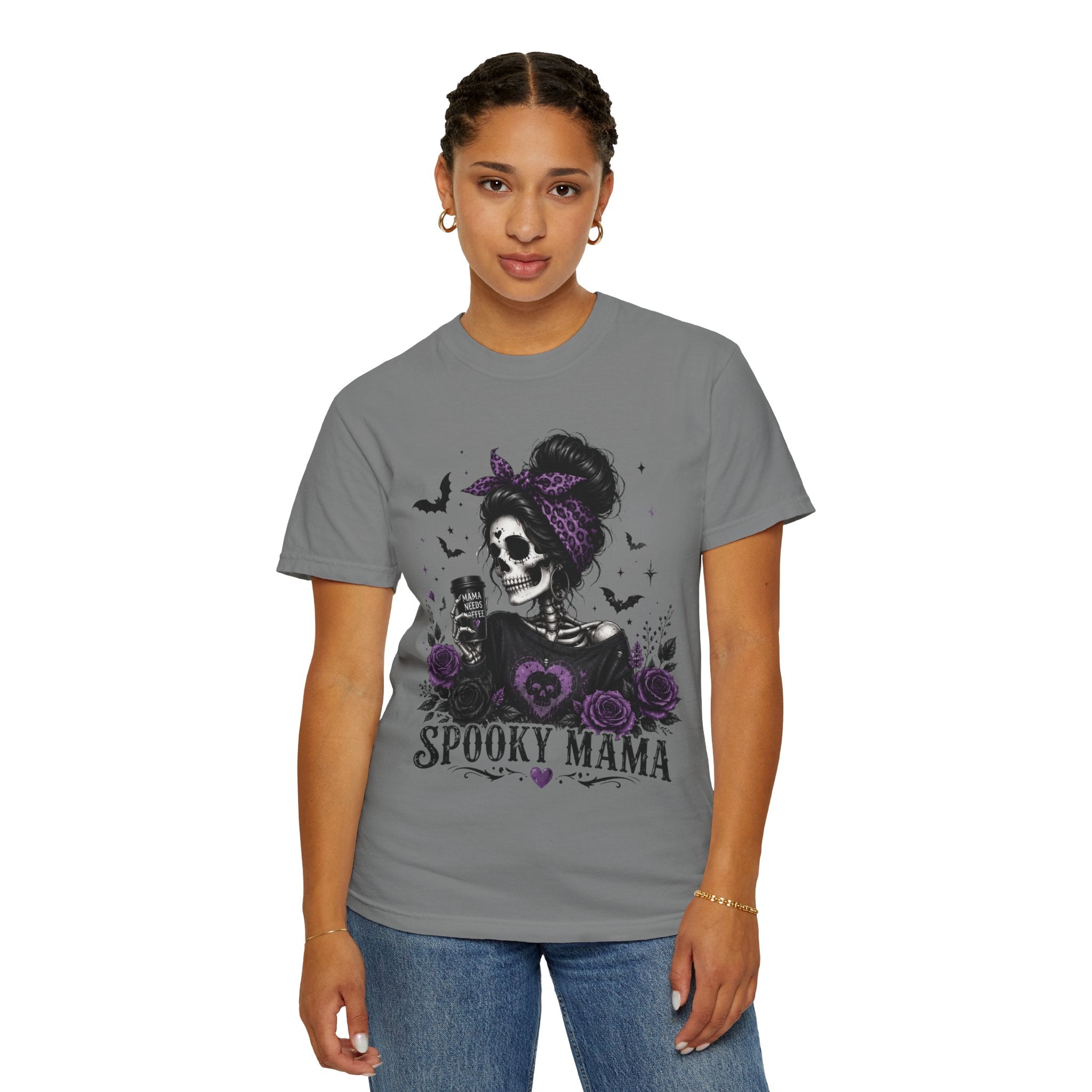 Spooky Mama T-Shirt — Gothic Skull  and Bats Mom Tee with Purple Roses. Midnight Eye, LLC. 