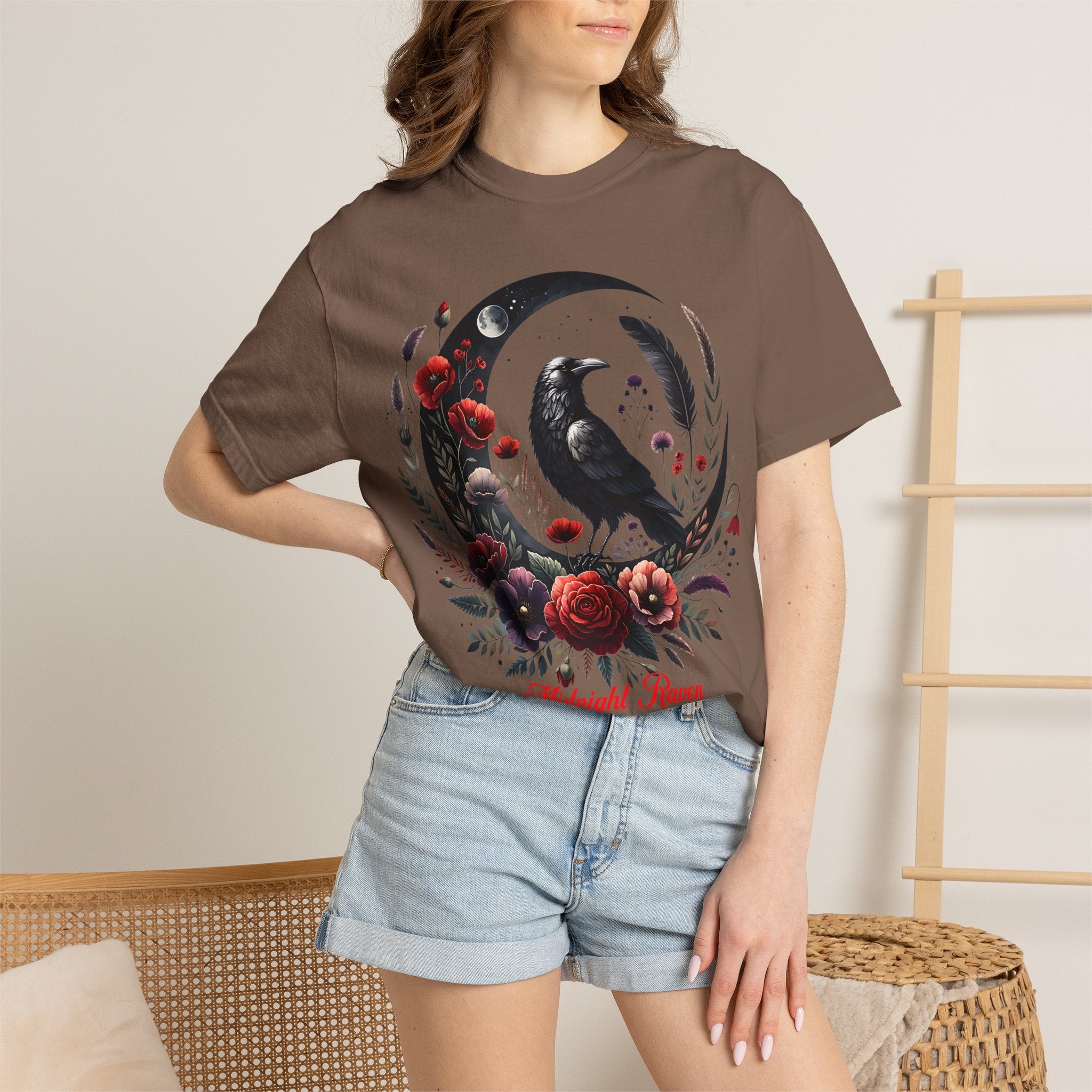 Moon Raven Floral T-Shirt — "Midnight Bloom" Graphic Tee - Mystical Moon Tee - Dark Aesthetic T-Shirt. Midnight Eye, LLC