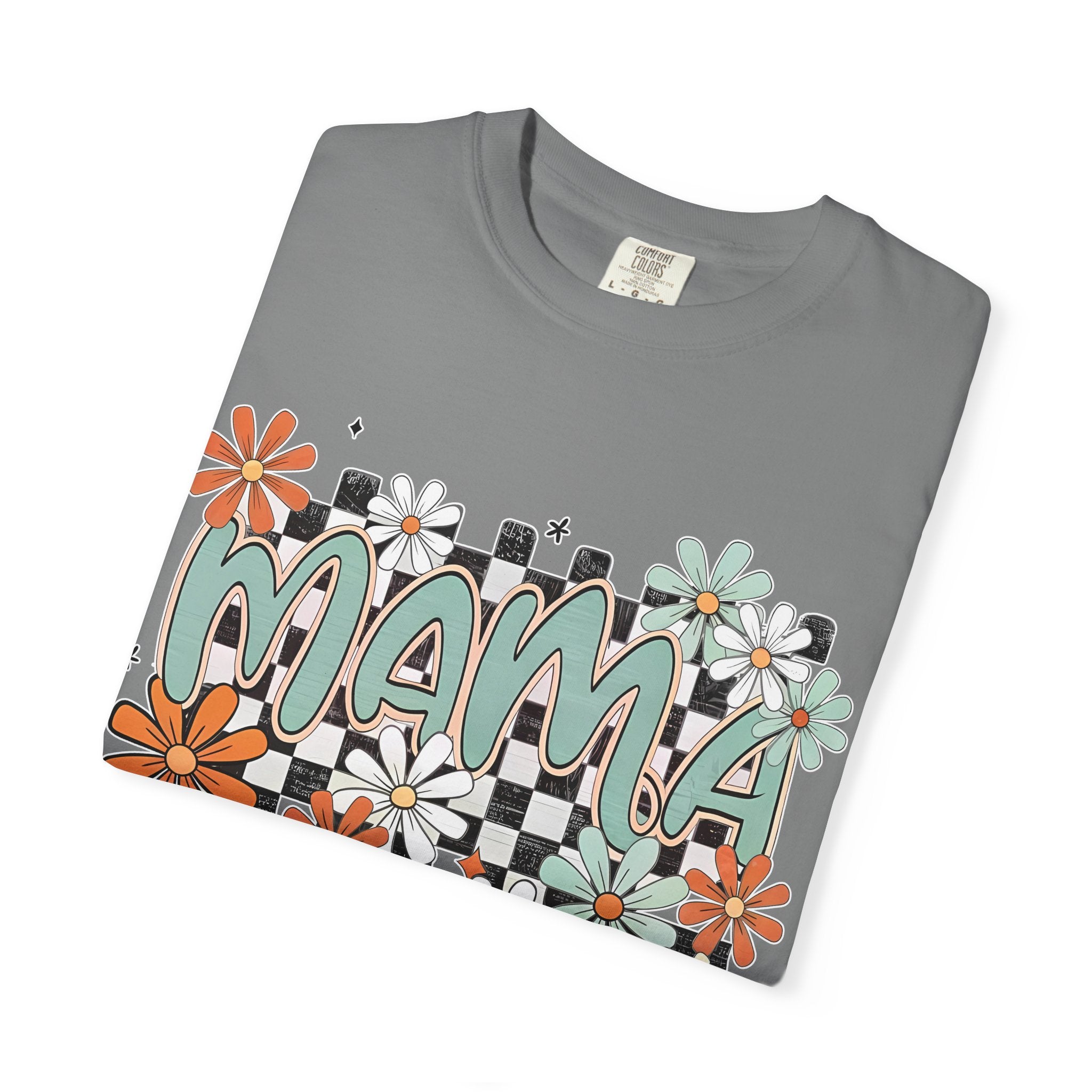 Mama Floral Graphic T-Shirt — Retro Checkerboard Mom Tee. Midnight Eye, LLC