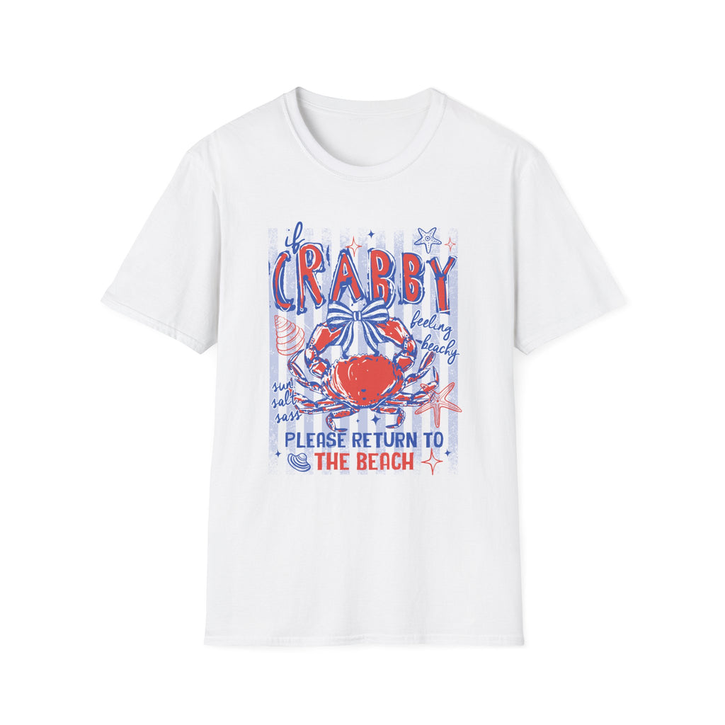 Crabby Beach T-Shirt — "If Crabby, Please Return to the Beach" Funny Summer Tee. Midnight Eye LLC.