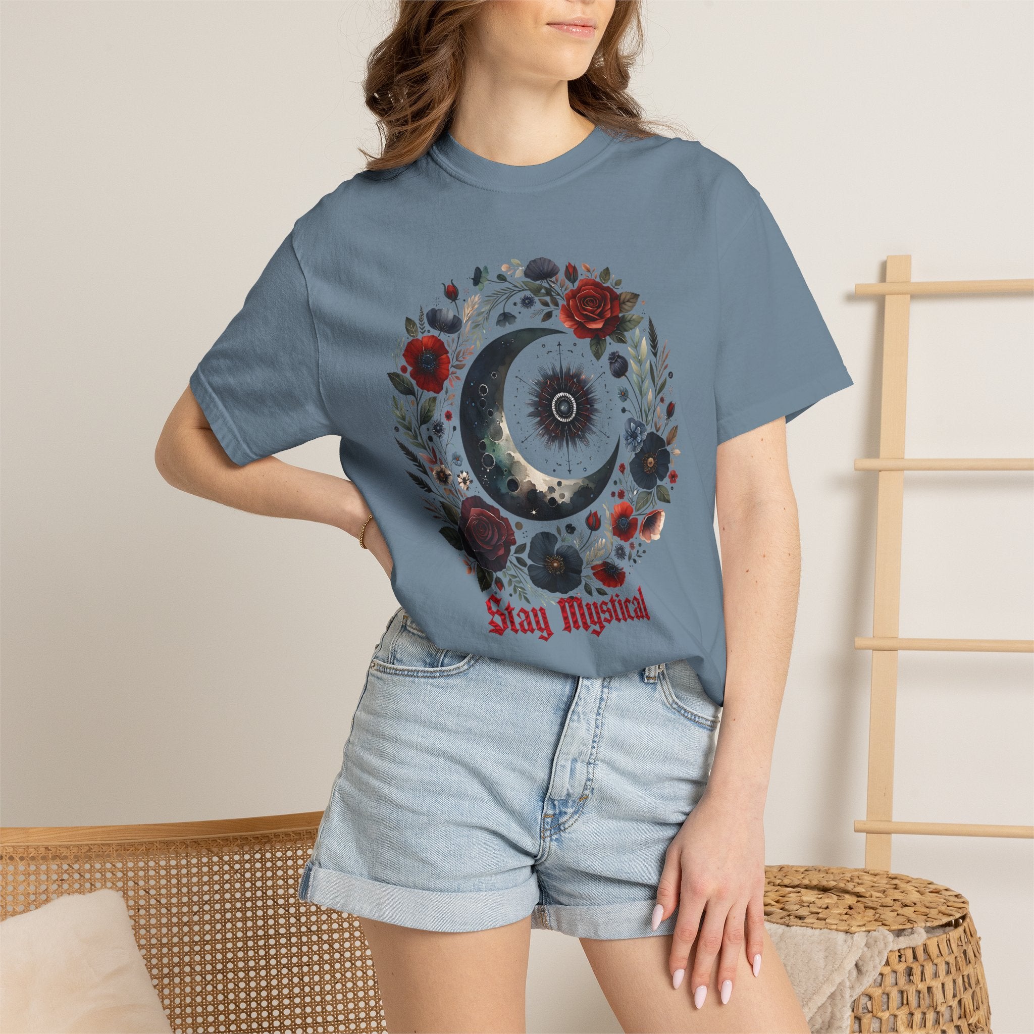 Mystical Moon T-Shirt — “Stay Mystical” Floral Crescent Tee - Dark Aesthetic T-Shirt. Midnight Eye, LLC.