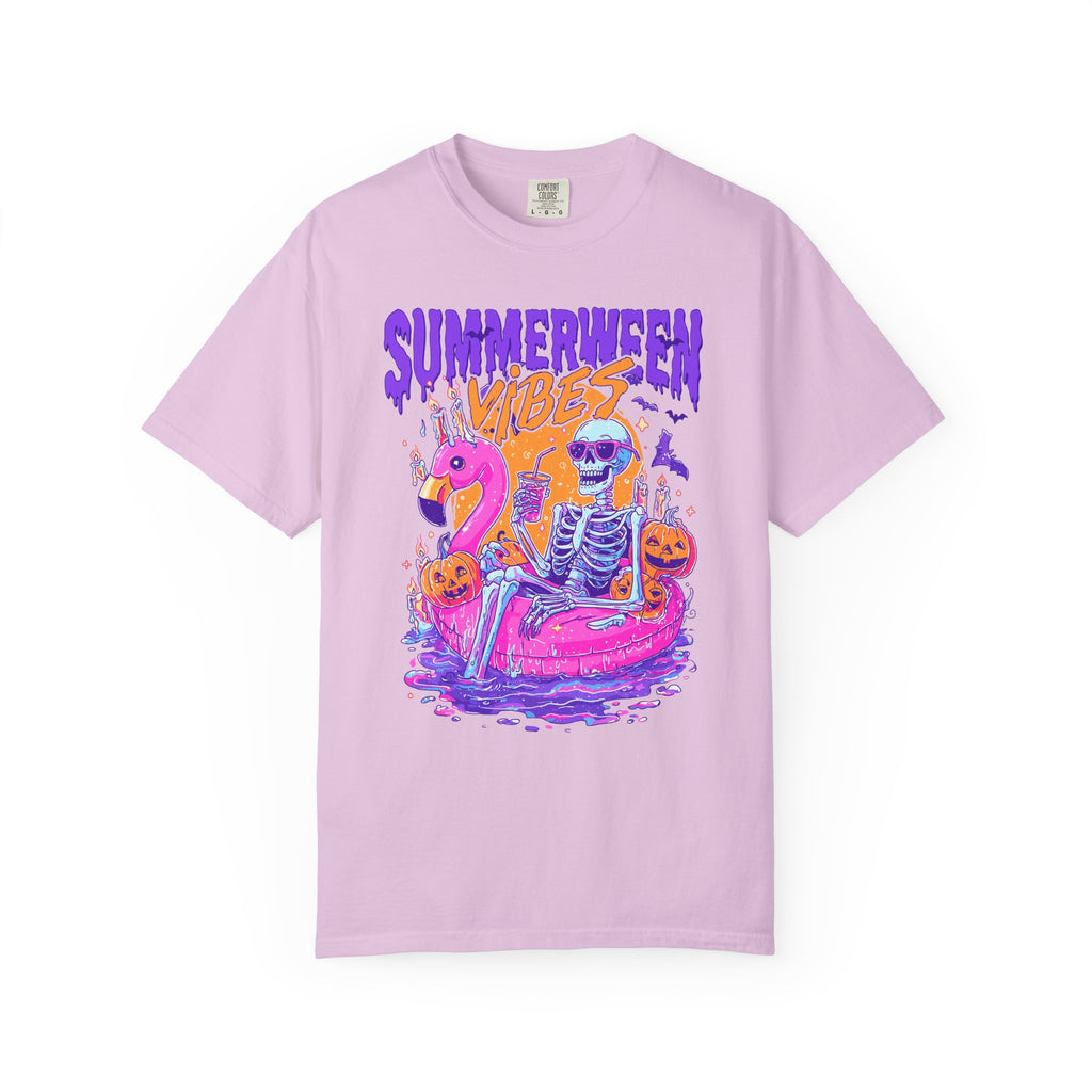 Summerween Vibes T-Shirt — Flamingo Pool Skeleton Halloween in Summer Tee - Midnight Eye, LLC