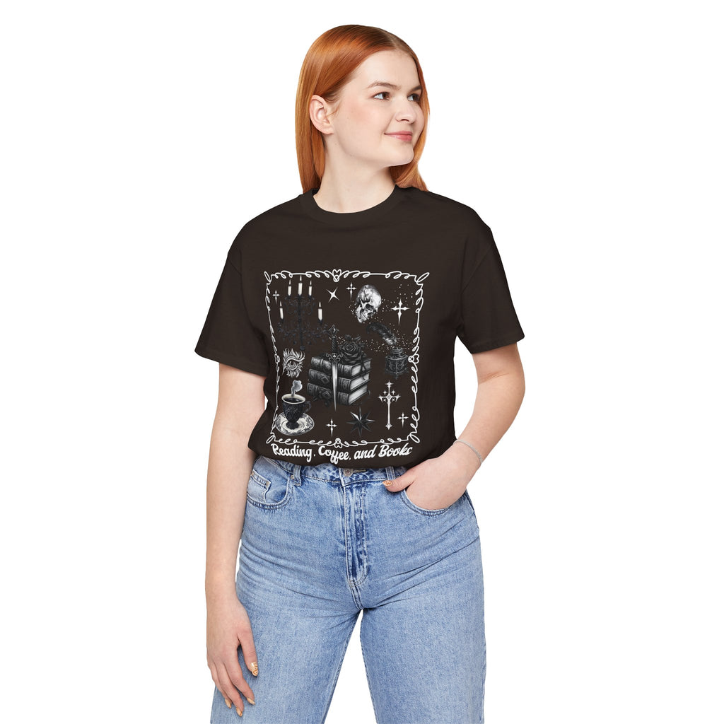 Reading, Coffee & Books T-Shirt — Cozy Gothic Booklover Tee