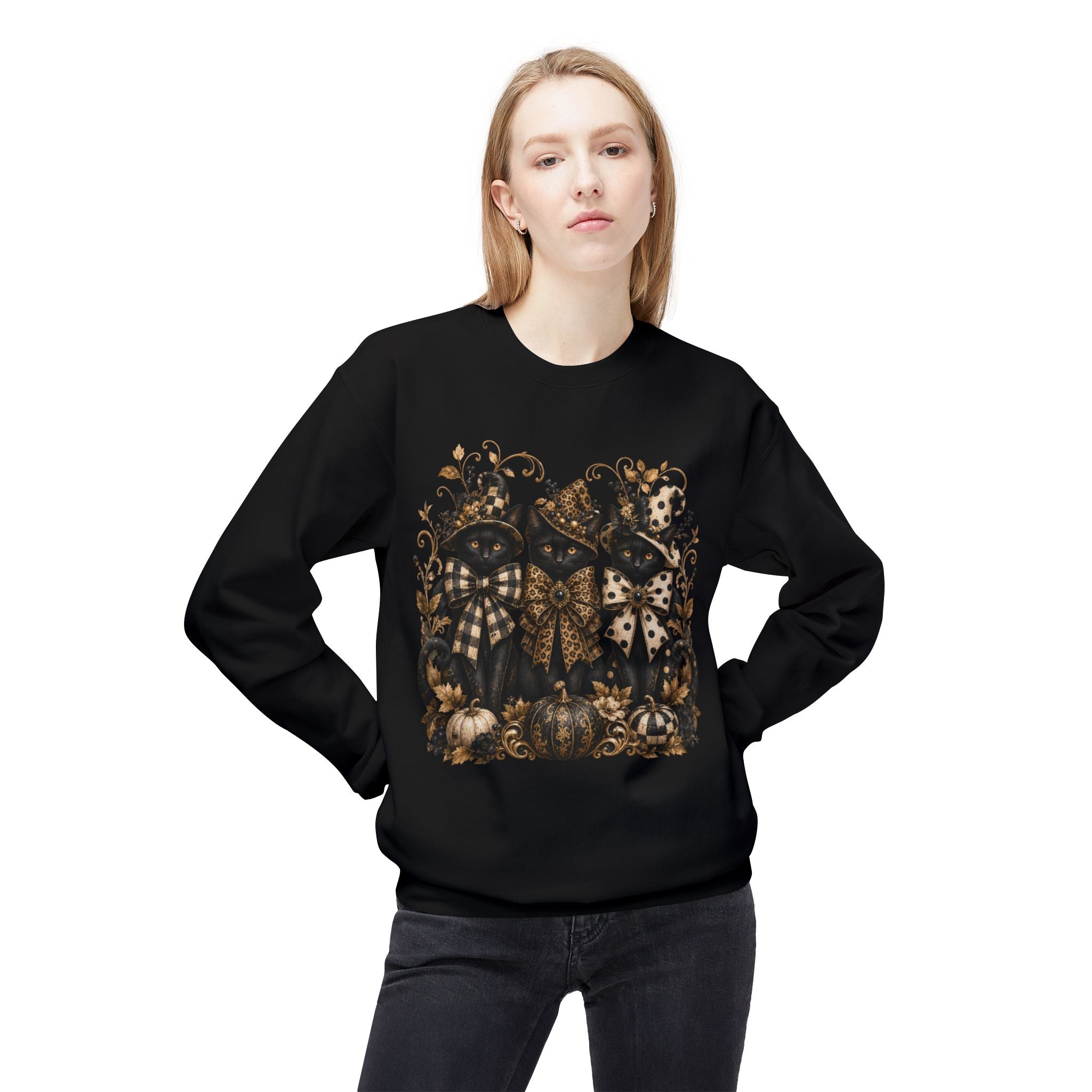 Vintage Gothic Pumpkin & Black Cats Crewneck Sweatshirt. Midnight Eye, LLC