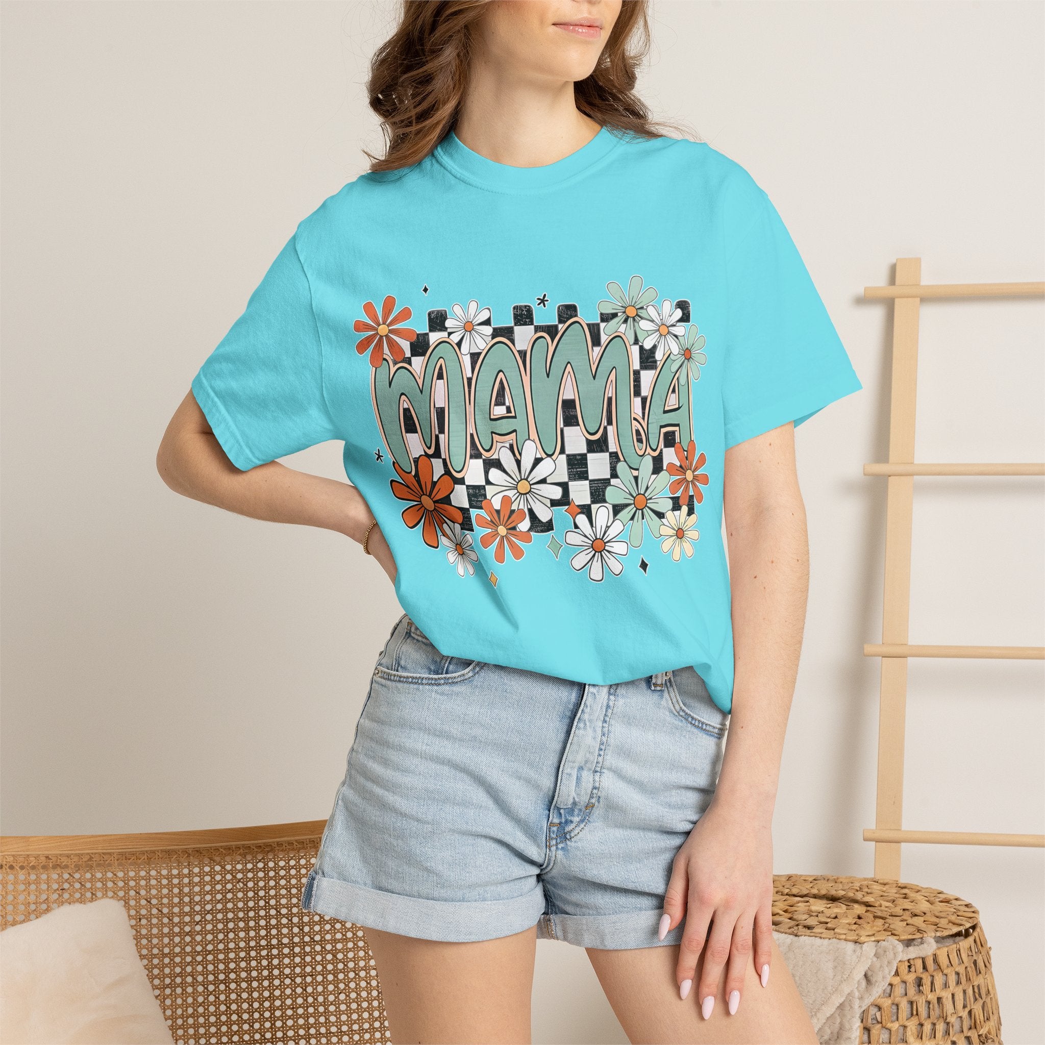 Mama Floral Graphic T-Shirt — Retro Checkerboard Mom Tee. Midnight Eye, LLC