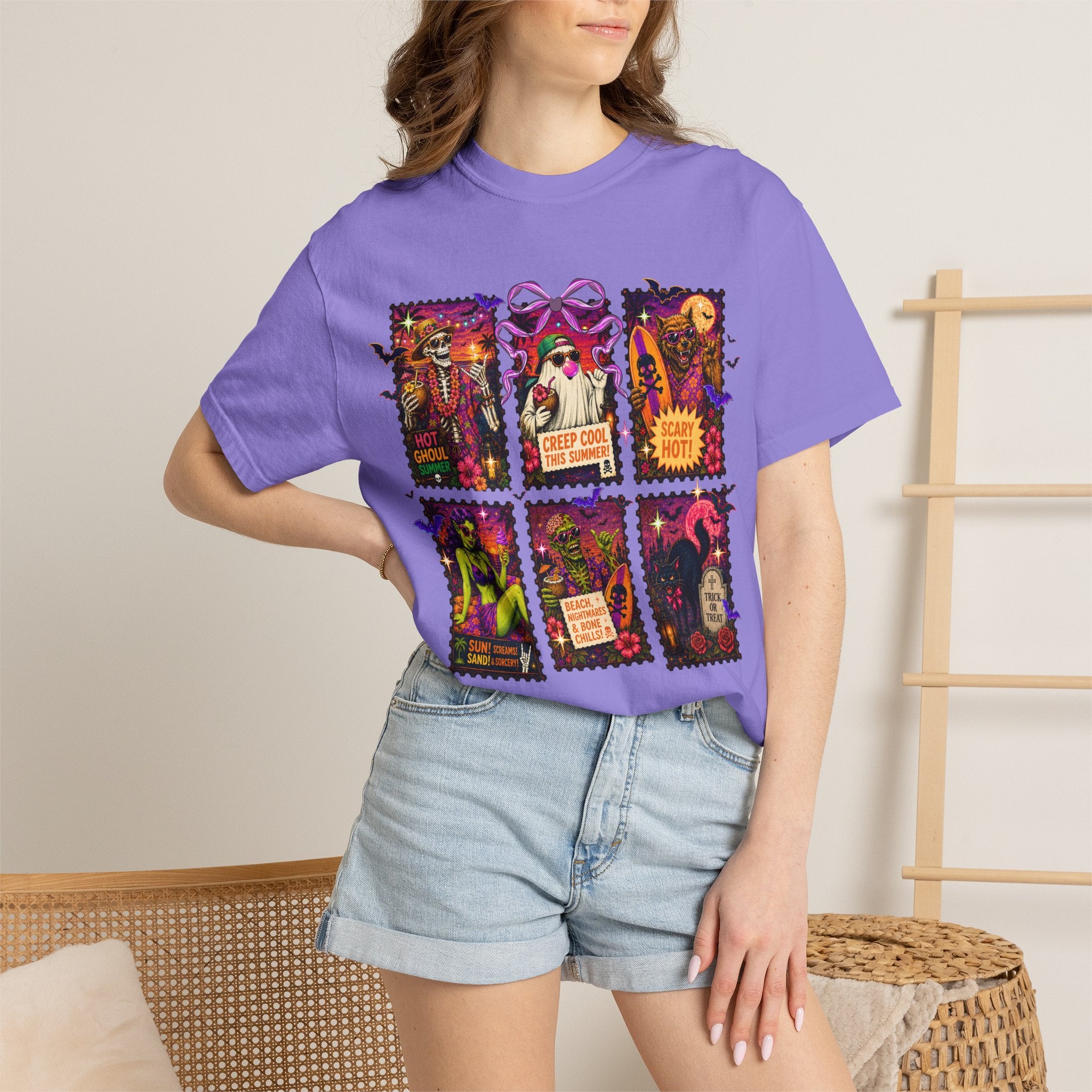 Halloween Horror Stamps T-Shirt — Vintage Spooky Postage Collage. Midnight Eye, LLC.