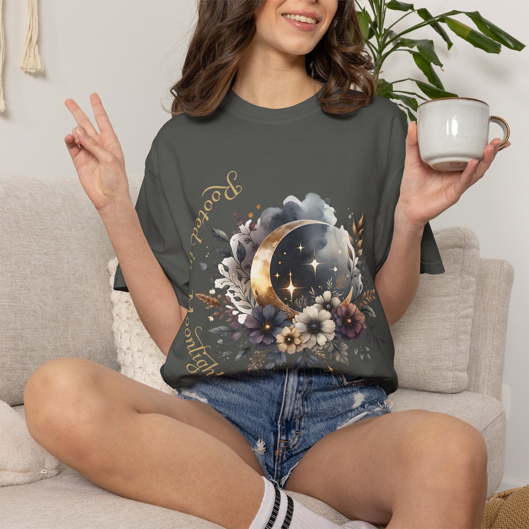 Moonlight Blooms T-Shirt — 'Rooted in Moonlight' Floral Crescent Moon Tee