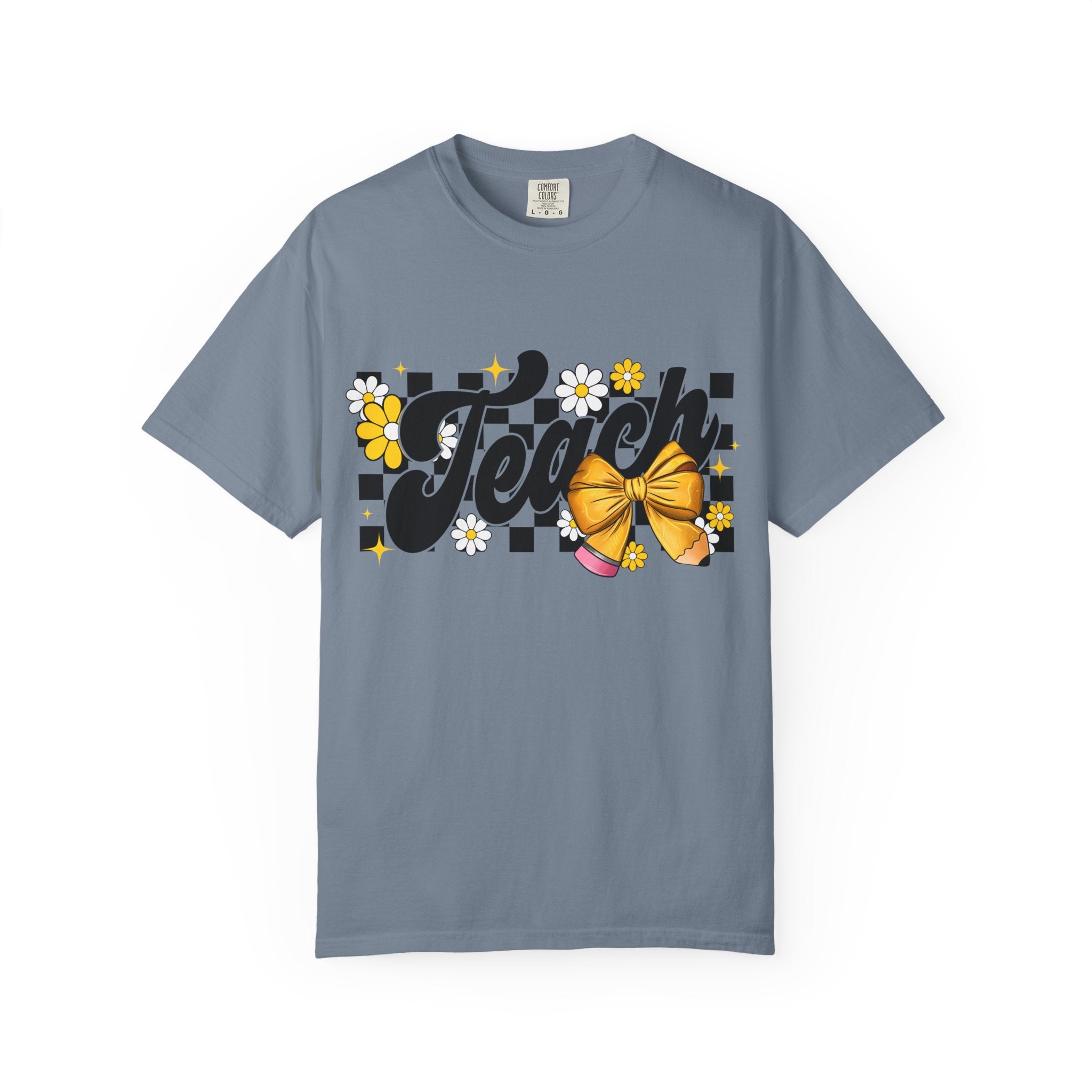 Teacher Floral Bow T-Shirt — 'Teach' Checkerboard Design